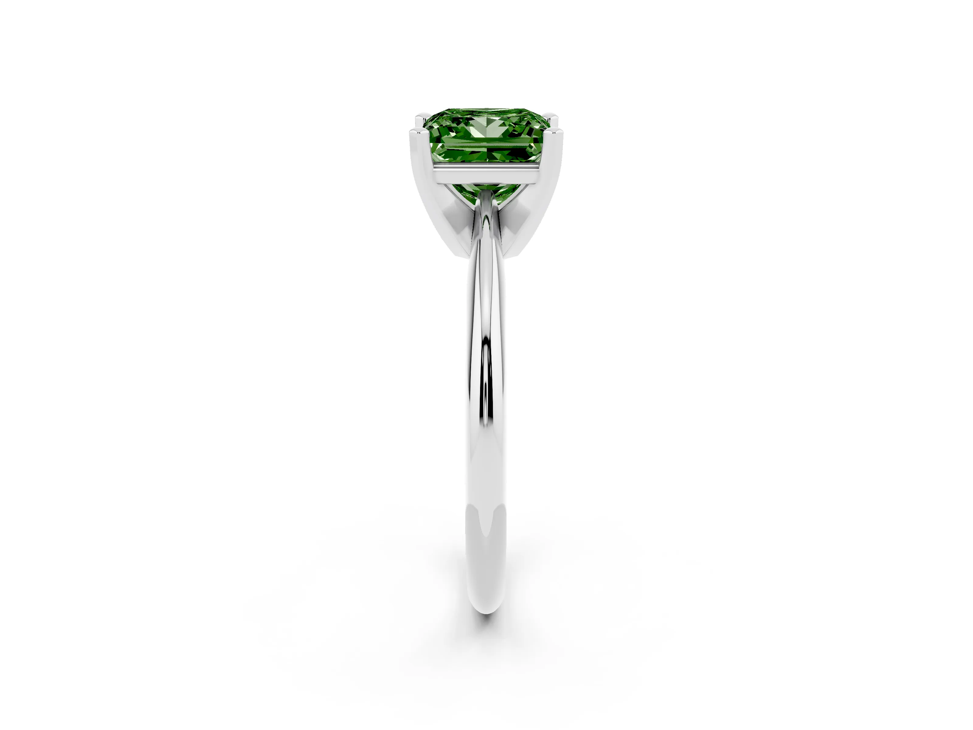 Fancy Green Princess Cut Diamond Solitaire Ring Set in White gold with Prong Setting on a Plain Round Band