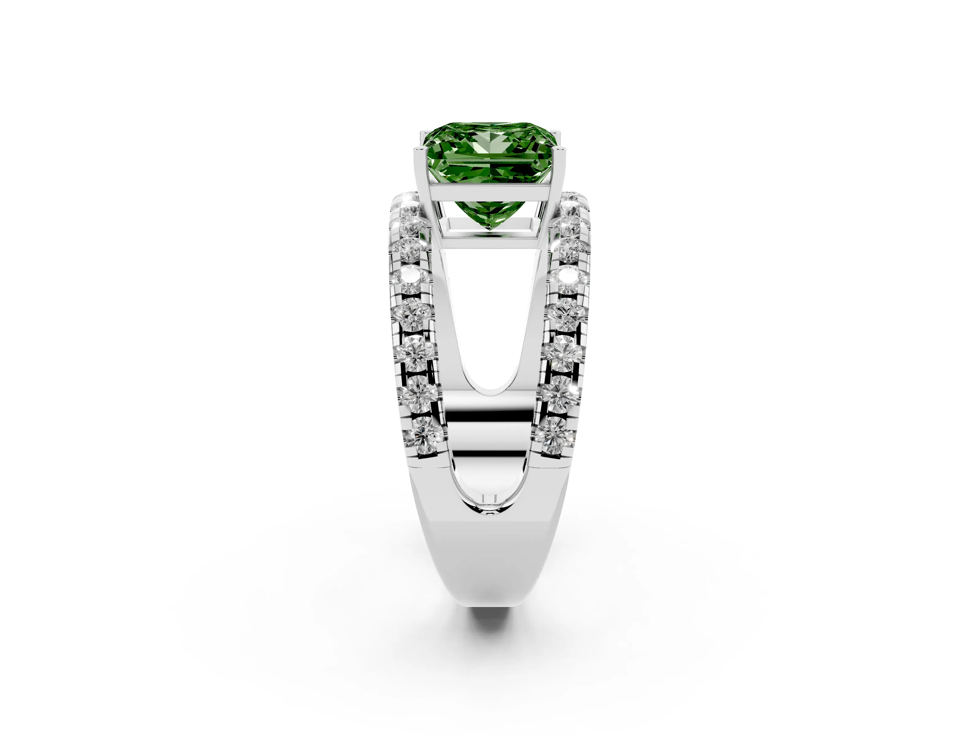 Fancy Green Princess Cut Diamond Split Shank Pavé Solitaire Ring Set in Platinum with Open Shank Design