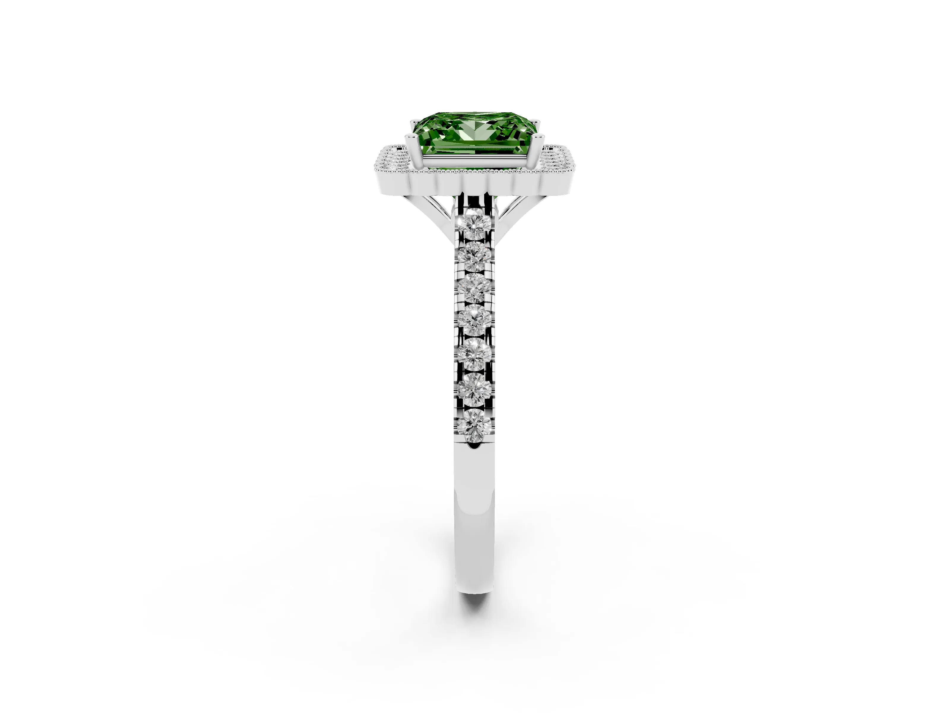 Fancy Green Princess Cut Diamond Milgrain Floral Halo Engagement Ring Set in Silver with Pavé Band