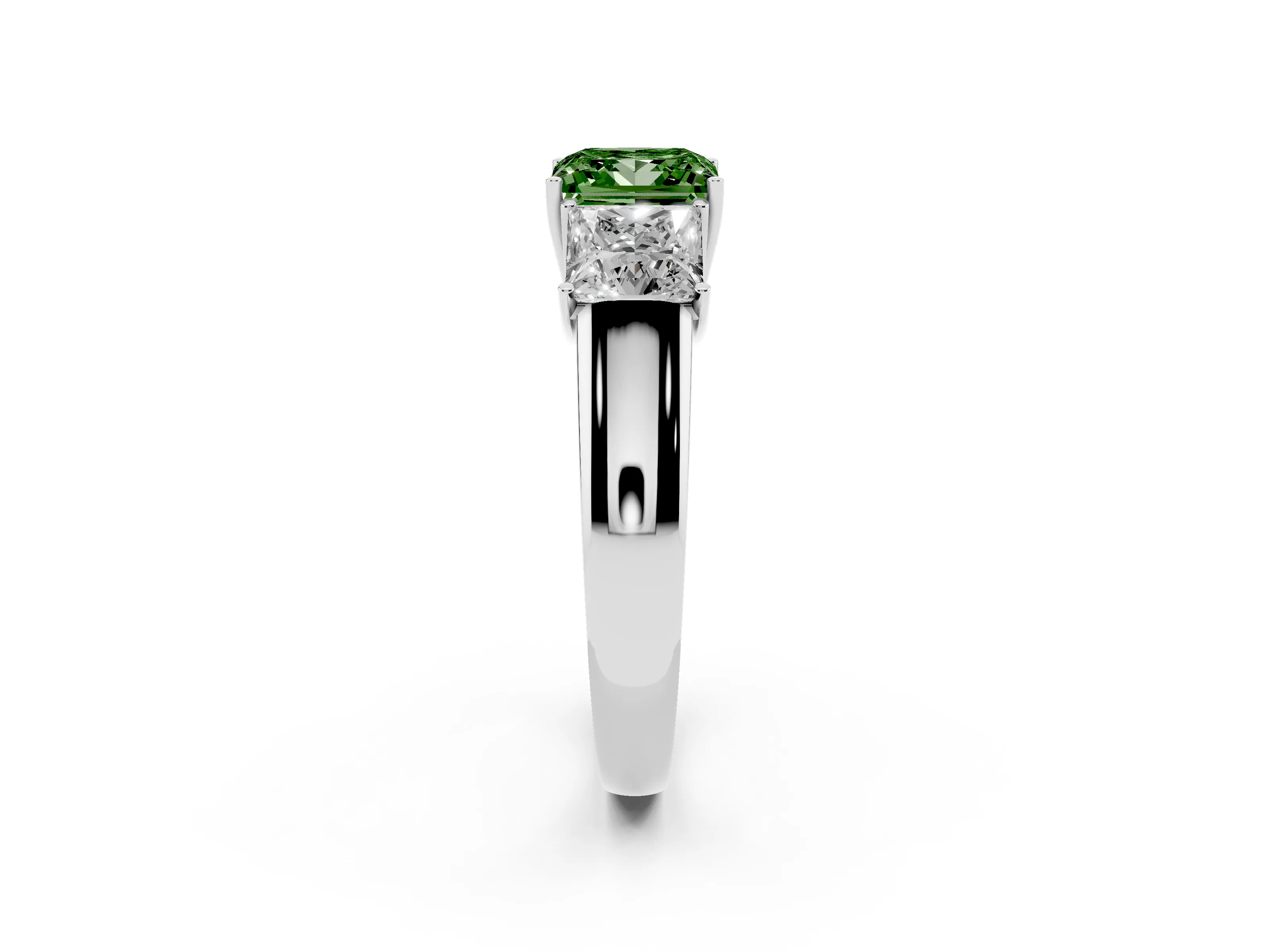 Fancy Green Three-Stone Princess Cut Diamond Ring Set in Platinum with Matching Prong Settings and Plain Band
