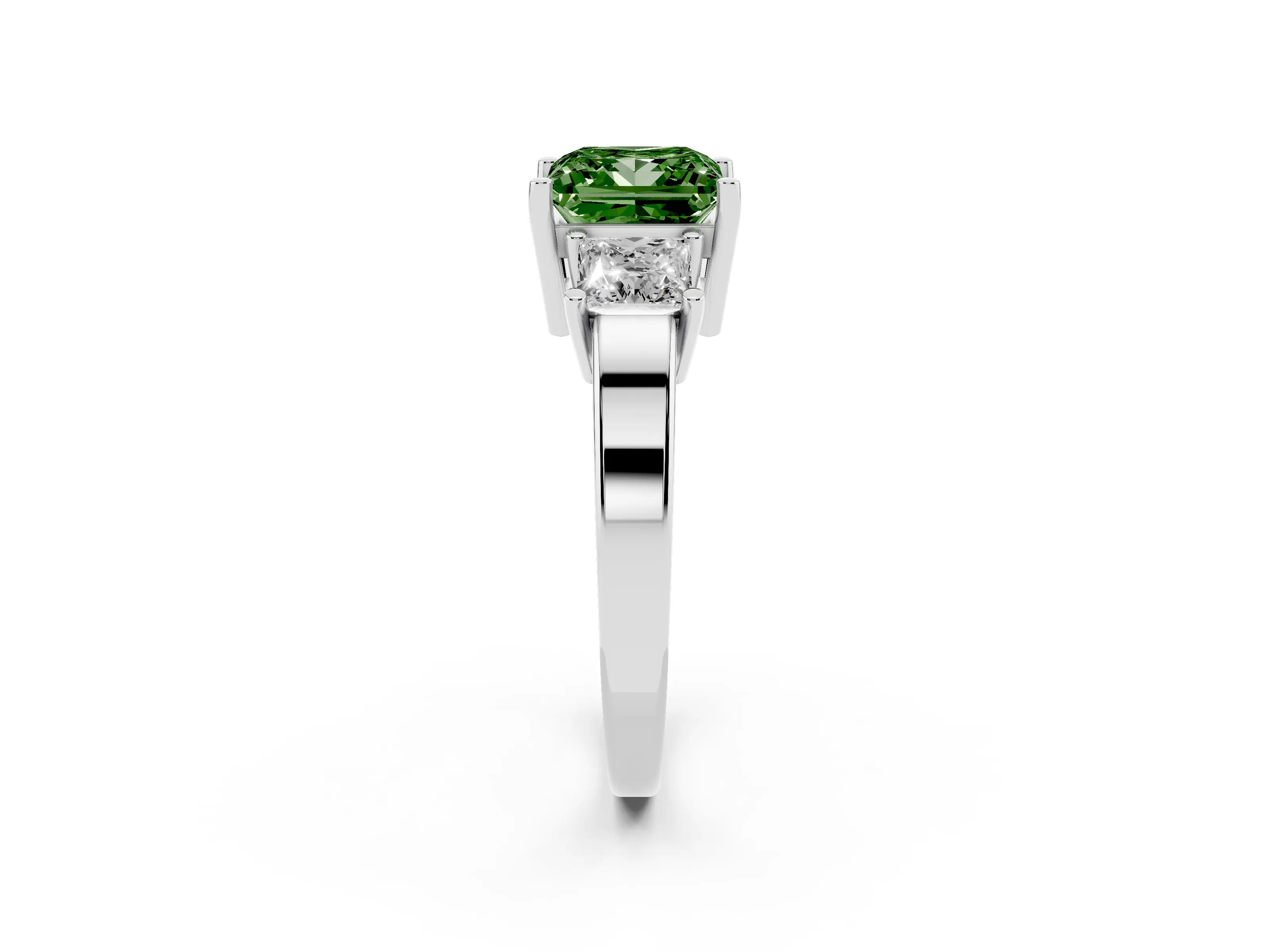 Fancy Green Three-Stone Princess Cut Diamond Solitaire Ring Set in Platinum with Prong Setting