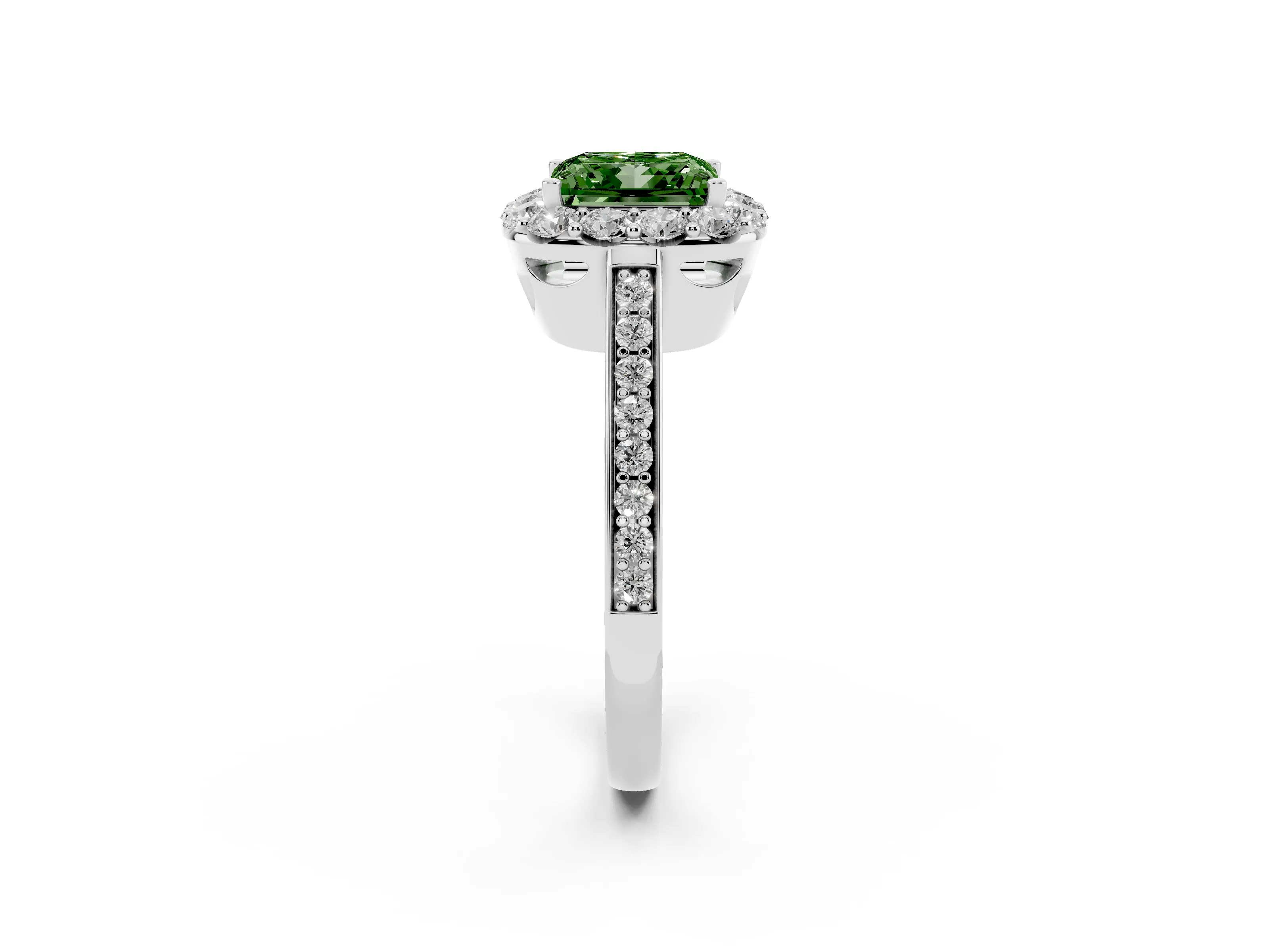 Fancy Green Princess Cut Diamond Floral Halo Ring Set in Silver with Pavé Band and Prong Setting