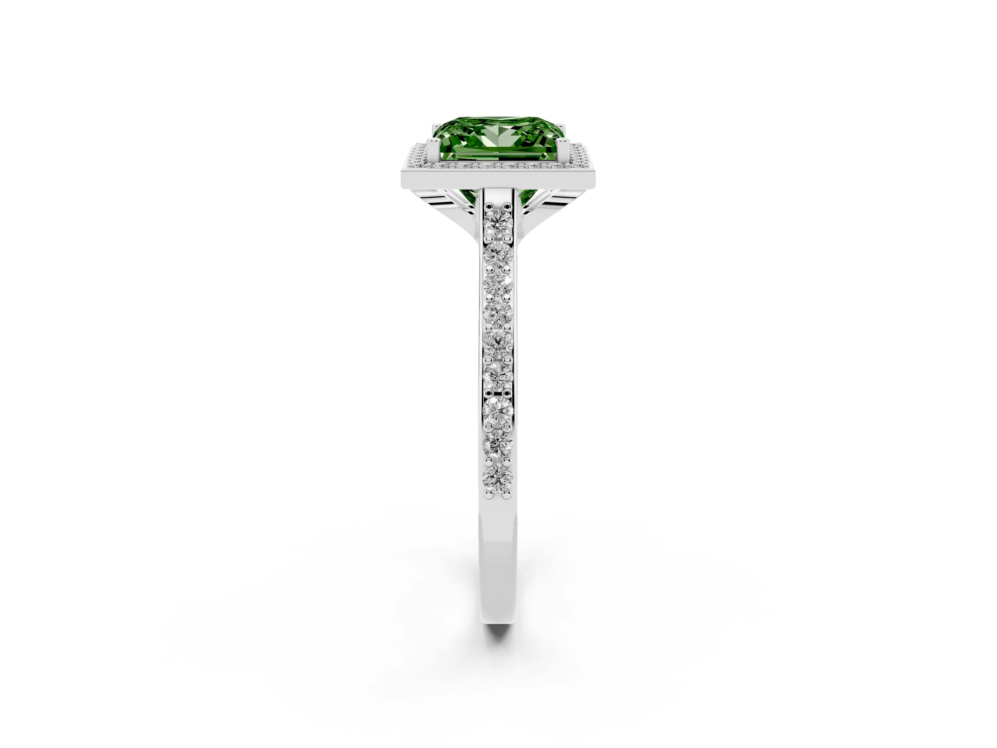 Fancy Green Princess Cut Diamond Halo Engagement Ring Set in Silver with Round Pavé Shoulders and Heart Gallery
