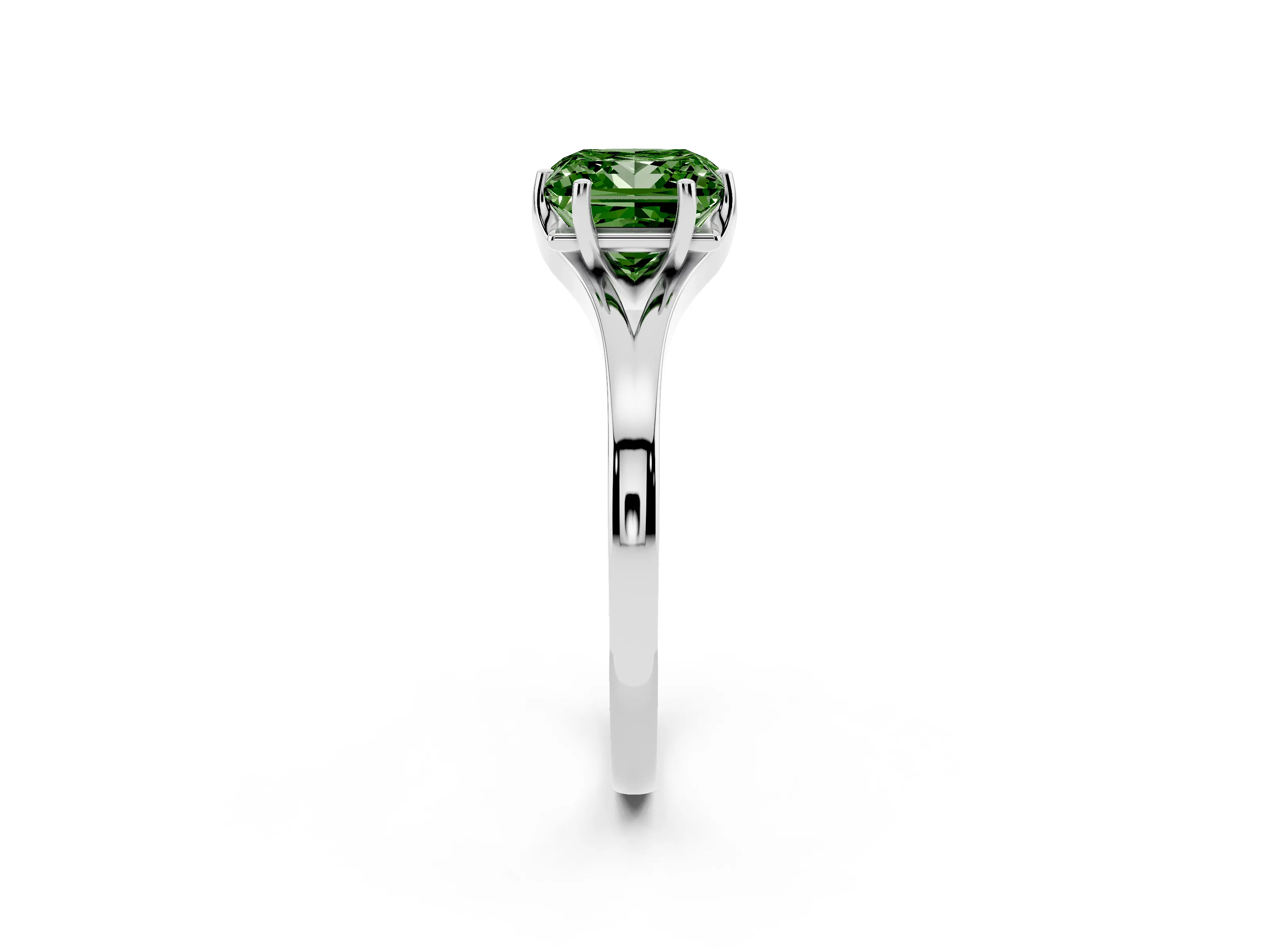 Fancy Green Princess Cut Diamond Solitaire Ring Set in White gold with Polished Tapered Band and Prong Setting