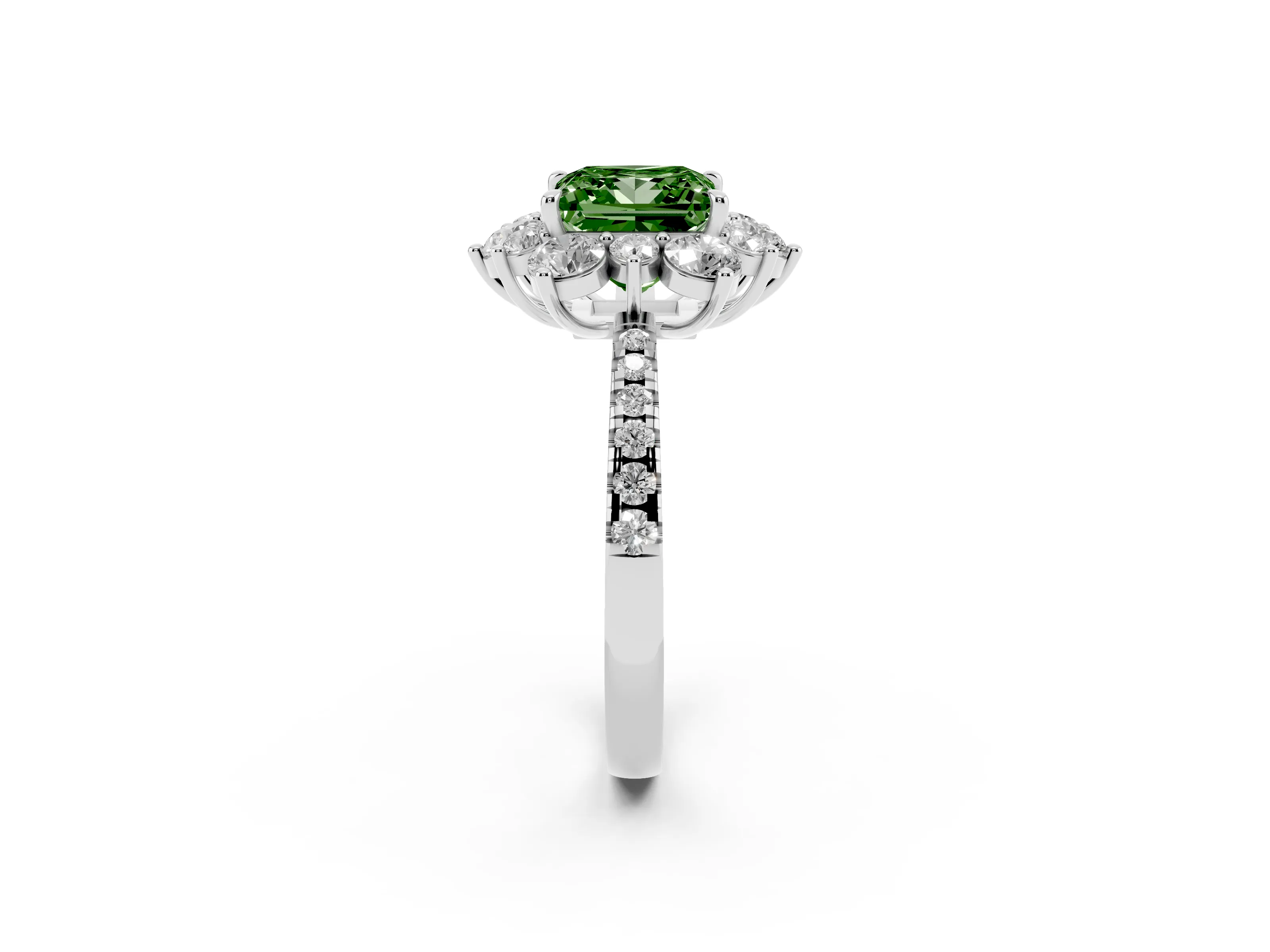 Fancy Green Princess Cut Diamond Floral Halo Ring Set in White gold with Round Pavé Band and Prong Setting