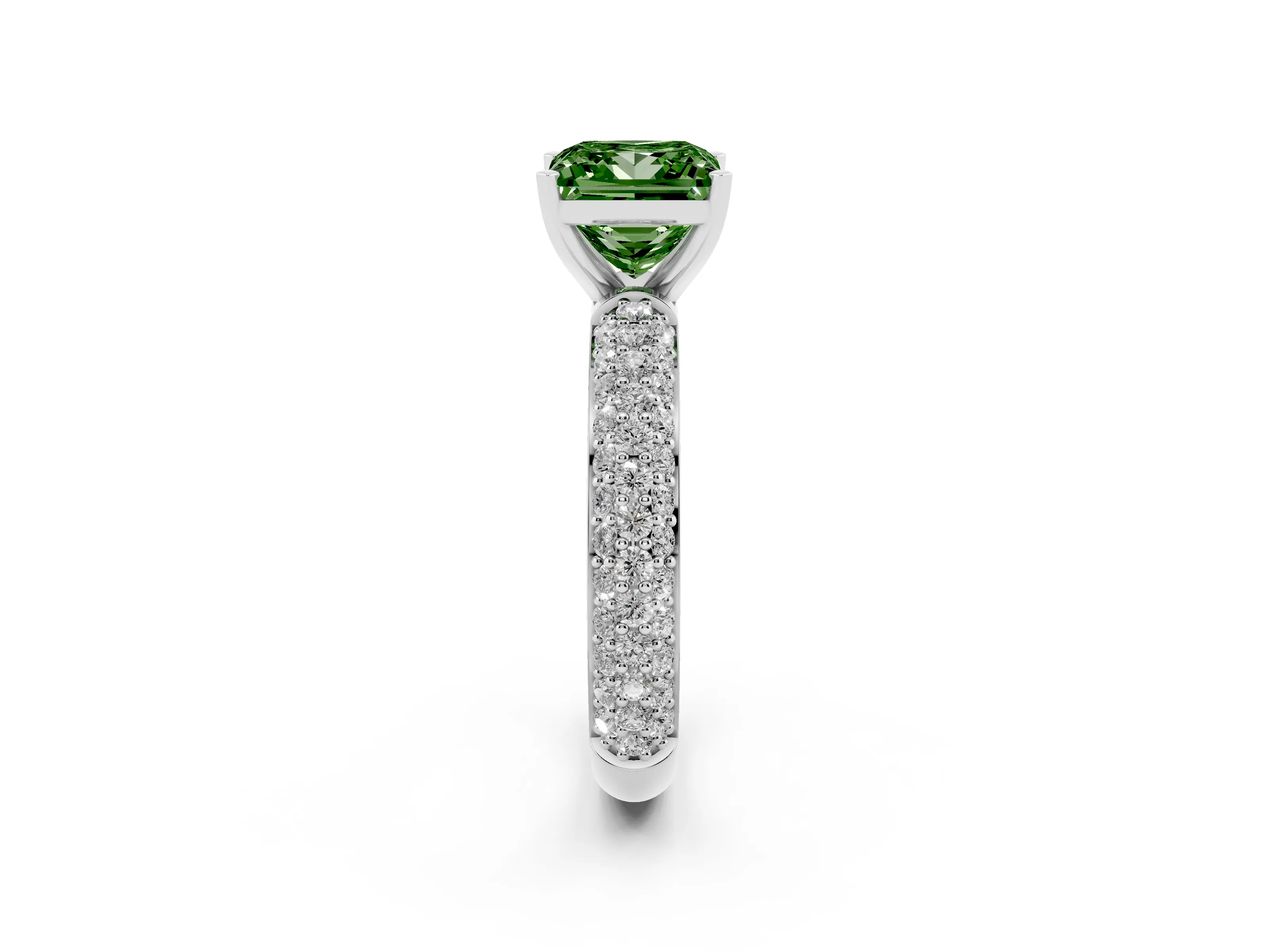 Fancy Green Princess Cut Diamond Solitaire Ring Set in Platinum with Prong Setting and Pavé-Set Band