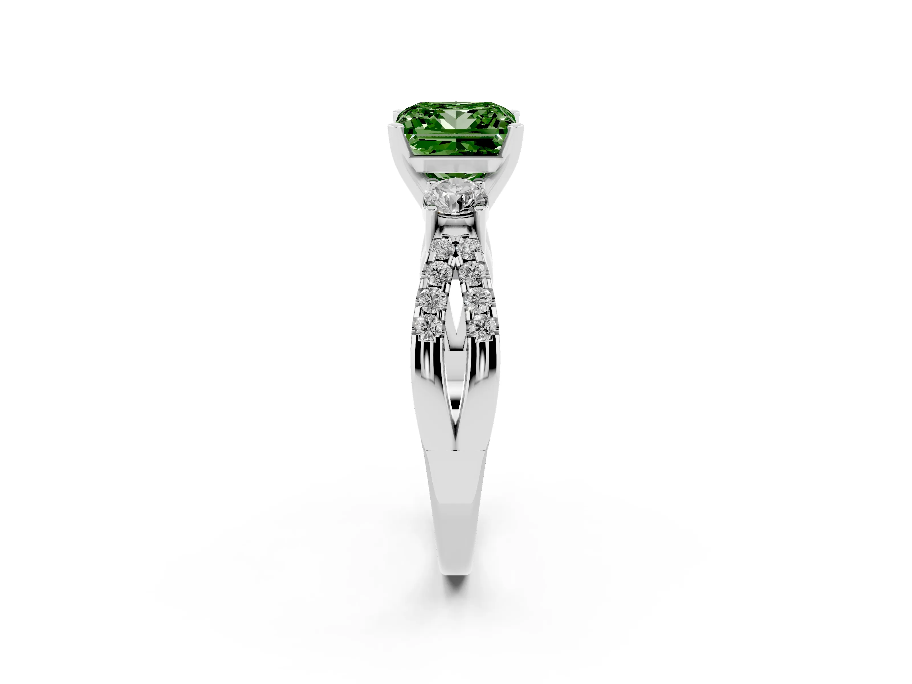 Fancy Green Princess Cut Diamond Three-Stone Ring Set in White gold with Pavé Split Shank and Prong Setting