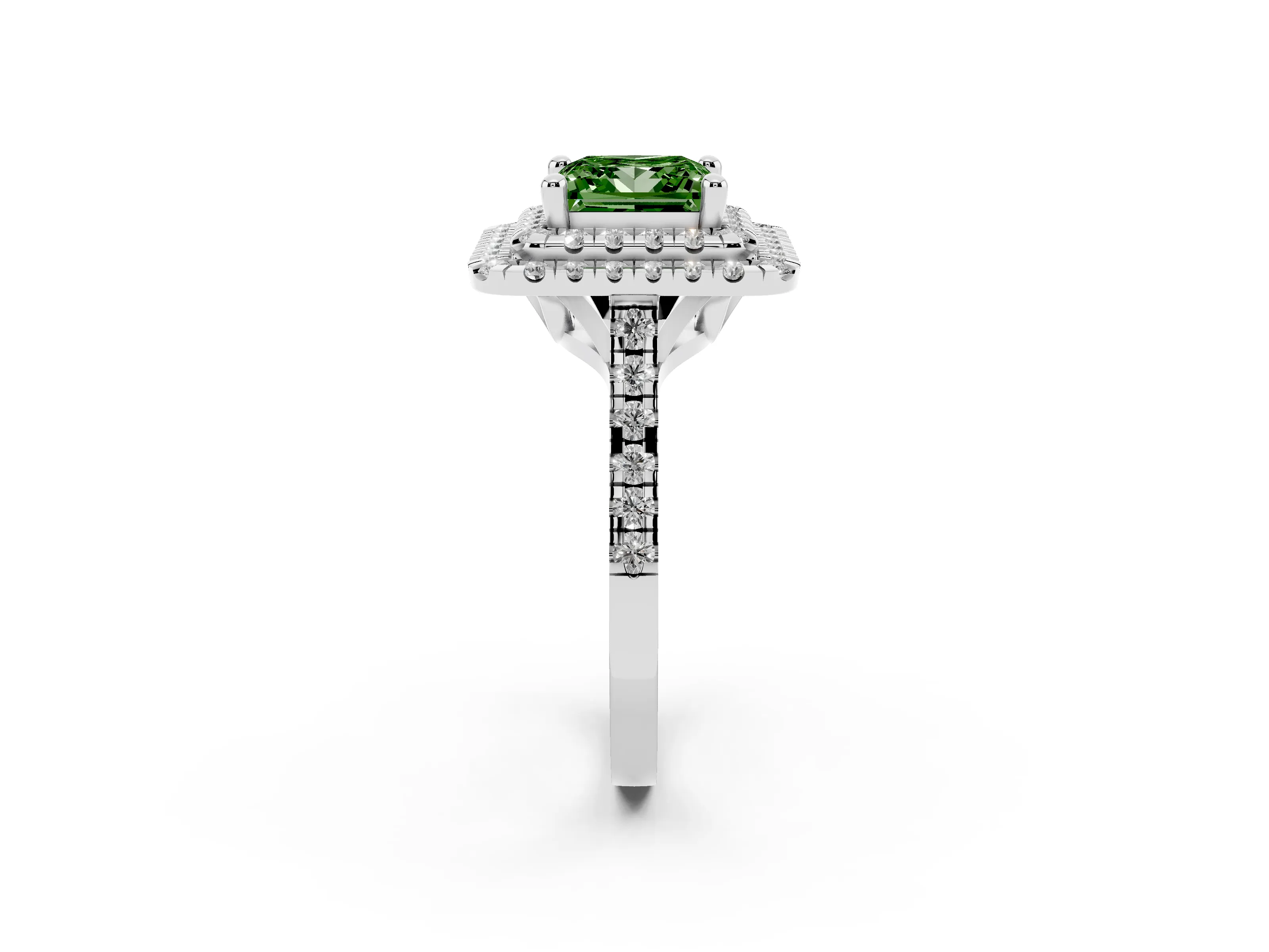 Fancy Green Princess Cut Diamond Double Halo Statement Ring Set in White gold with Pavé Band