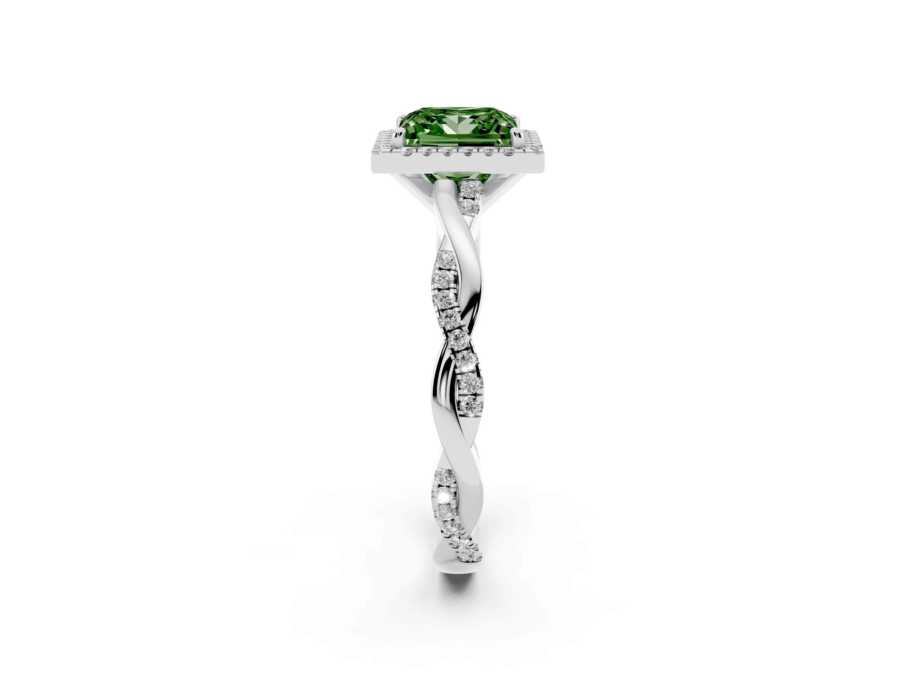 Fancy Green Princess Cut Diamond Halo Twisted Band Ring Set in Silver with Prong Setting
