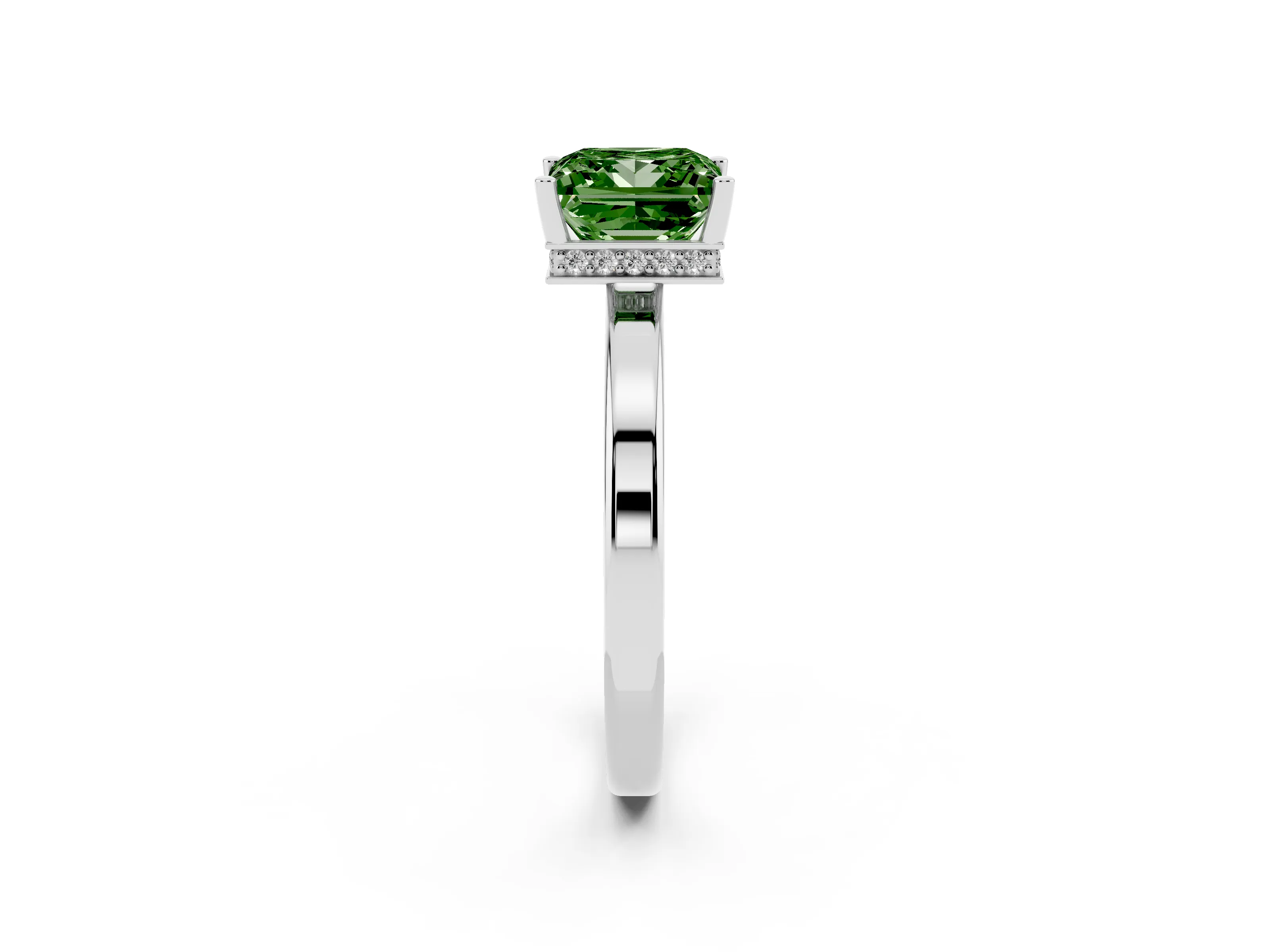 Fancy Green Princess Cut Diamond Solitaire Engagement Ring Set in Silver with Prong Setting on a Plain Band
