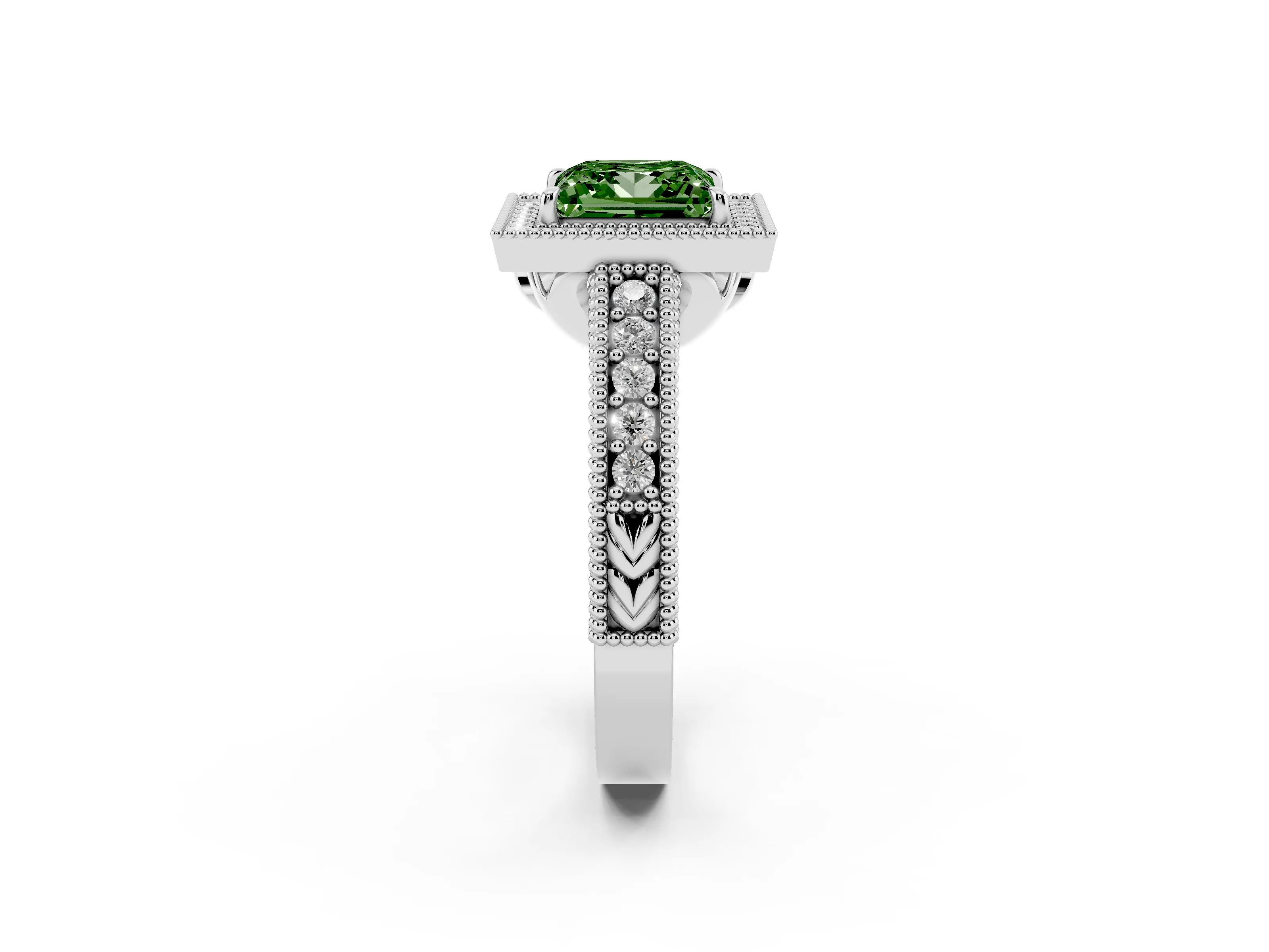 Fancy Green Princess Cut Diamond Halo Ring Set in White gold with Round Accent Halo, Pavé Band and Prong Setting