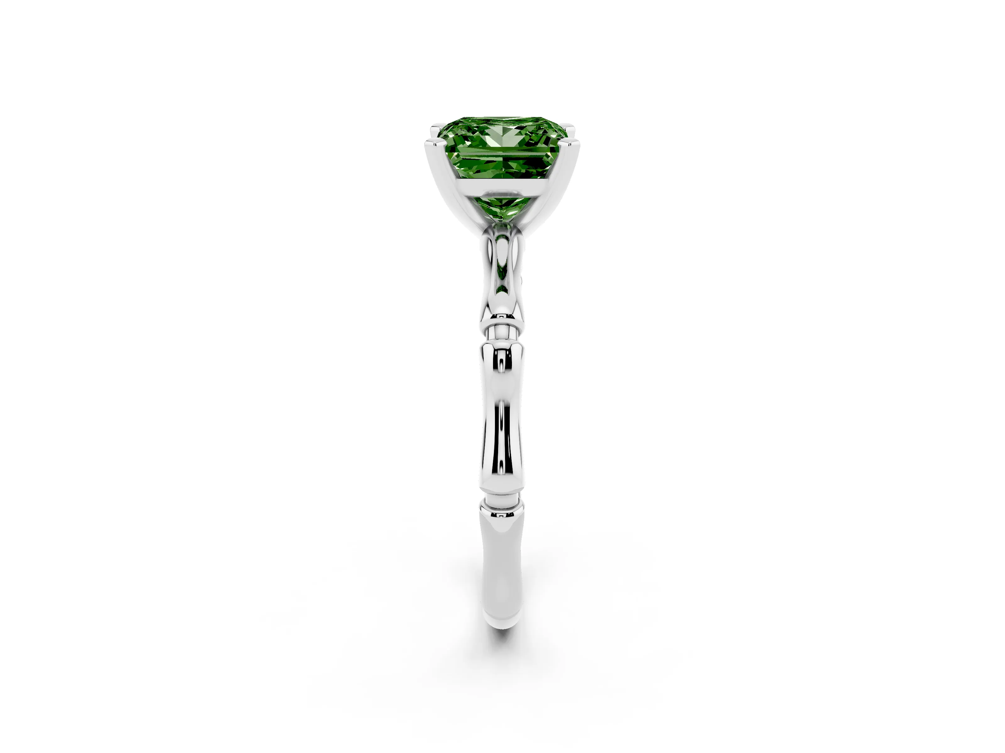 Fancy Green Princess Cut Diamond Solitaire Ring Set in Silver with Bamboo Band and Prong Setting