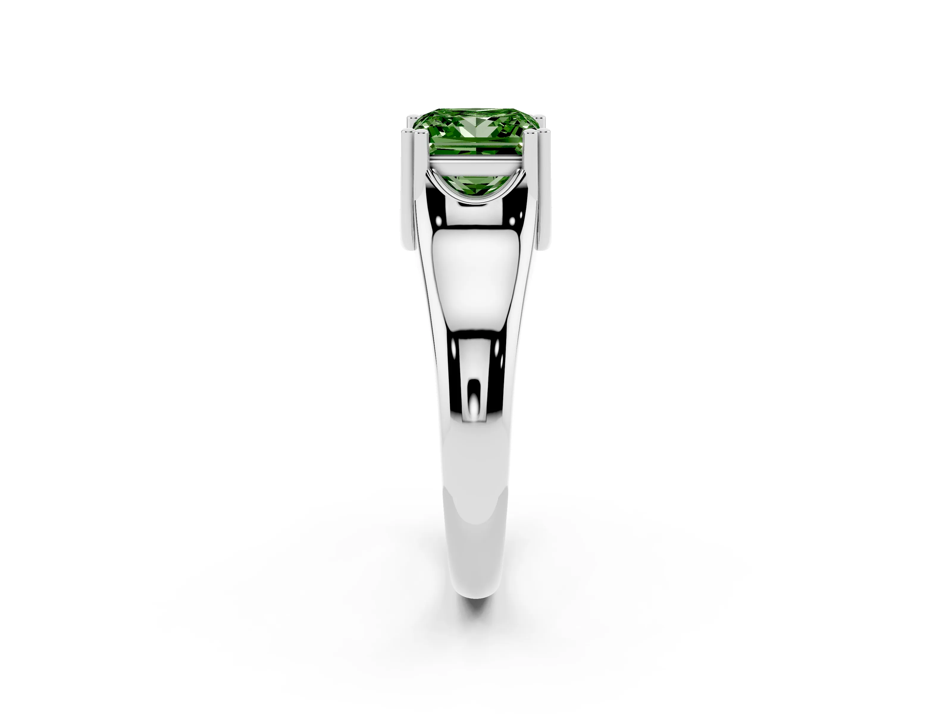 Fancy Green Princess Cut Diamond Solitaire Ring Set in Platinum with Wide Band and Prong Setting