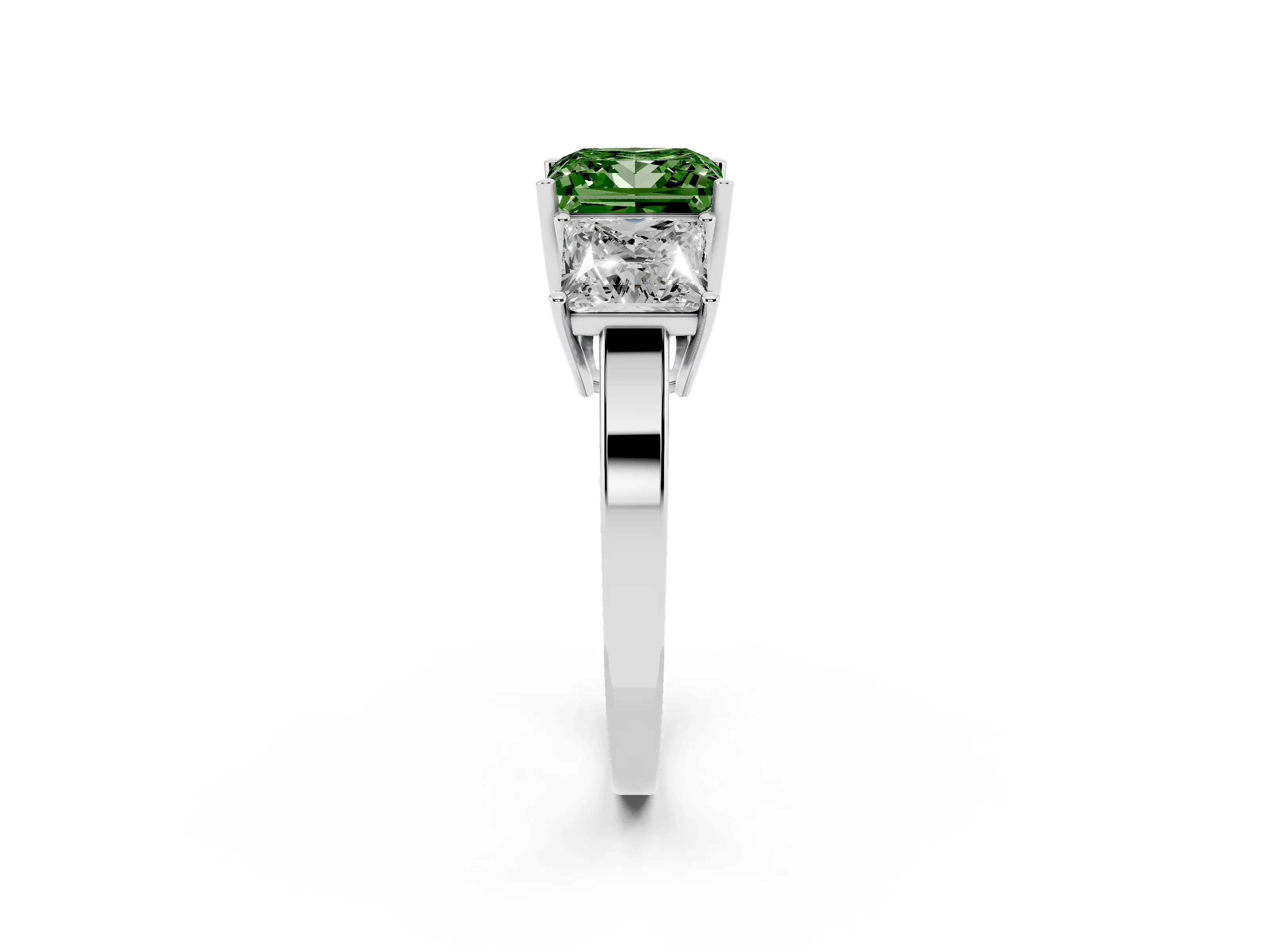 Fancy Green Princess Cut Diamond Three-Stone Engagement Ring Set in Platinum with Flat Band