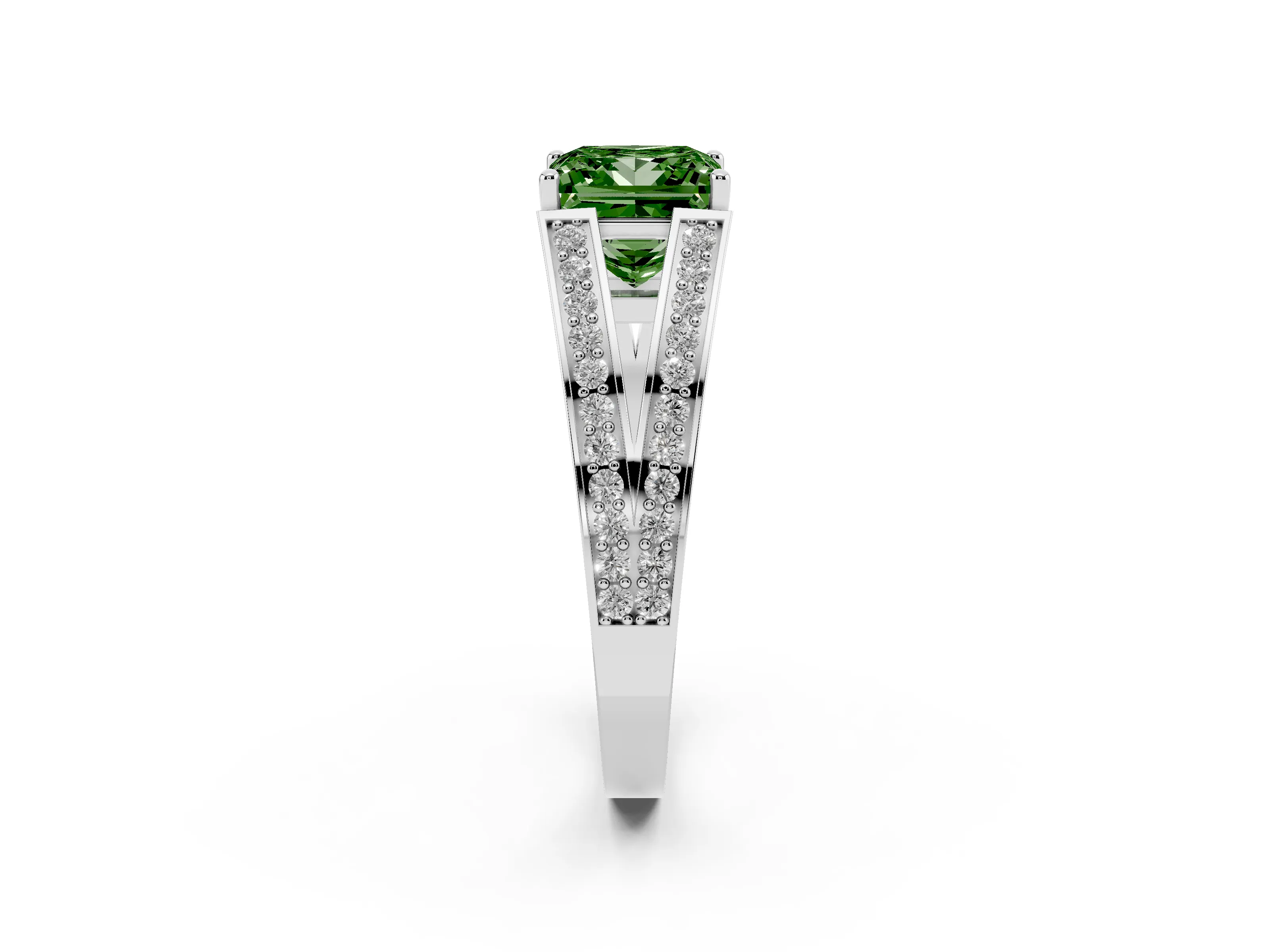 Fancy Green Princess Cut Diamond Split Shank Ring Set in White gold with Pavé Band and Prong Setting