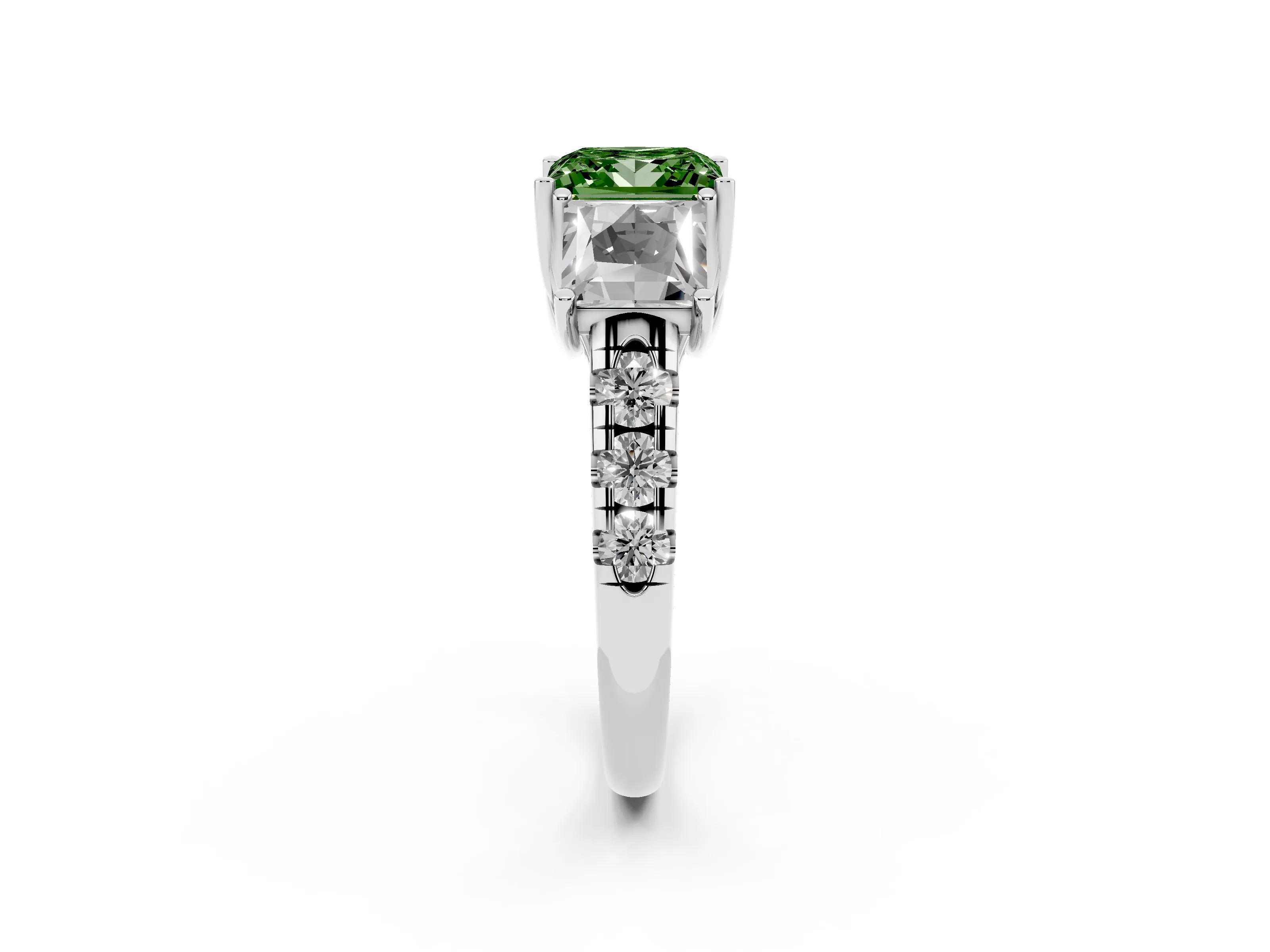 Fancy Green Princess Cut Diamond Three-Stone Ring Set in Silver with Pavé Band
