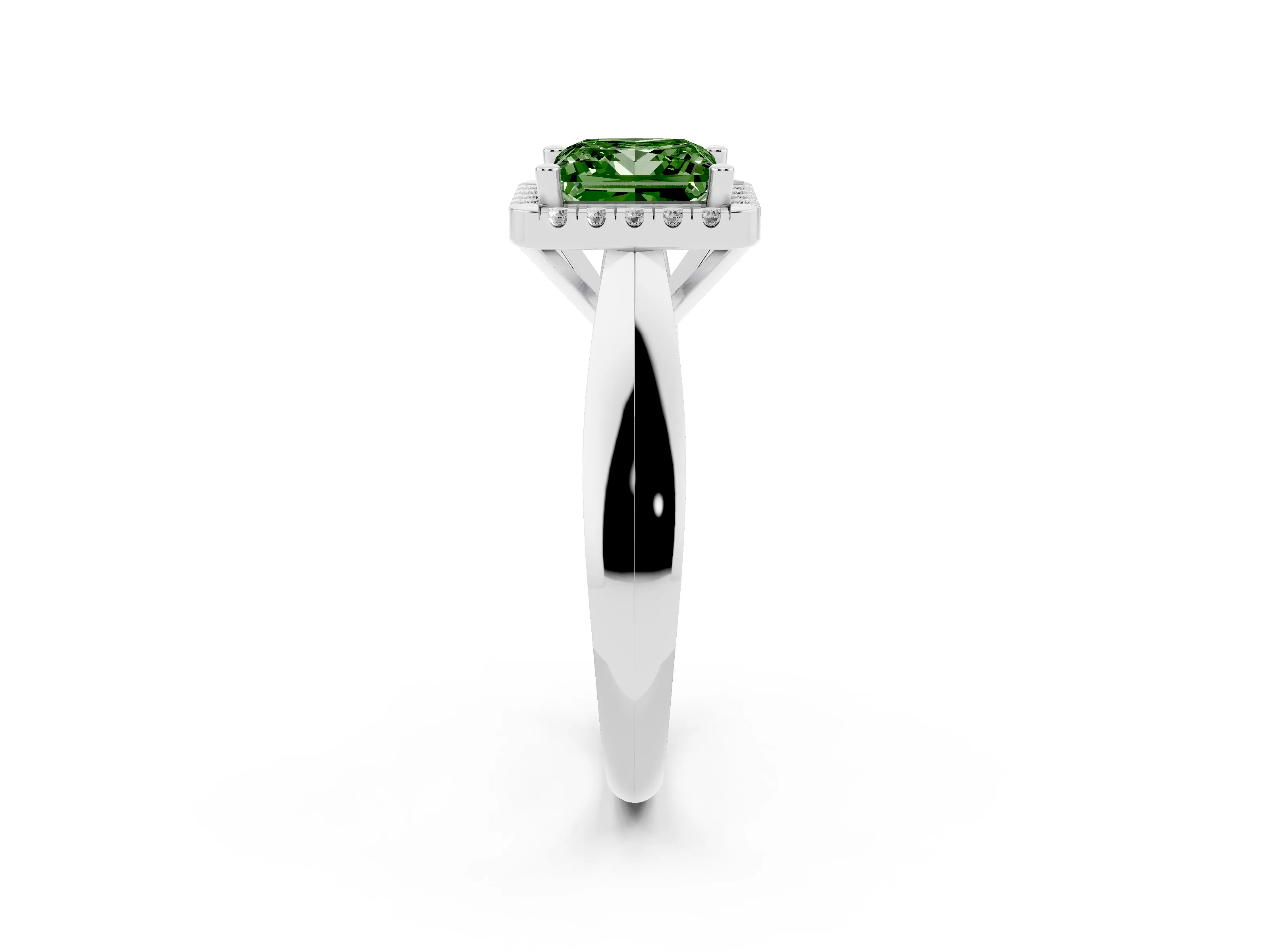 Fancy Green Princess Cut Diamond Halo Solitaire Engagement Ring Set in White gold with Square Band and Prong Setting