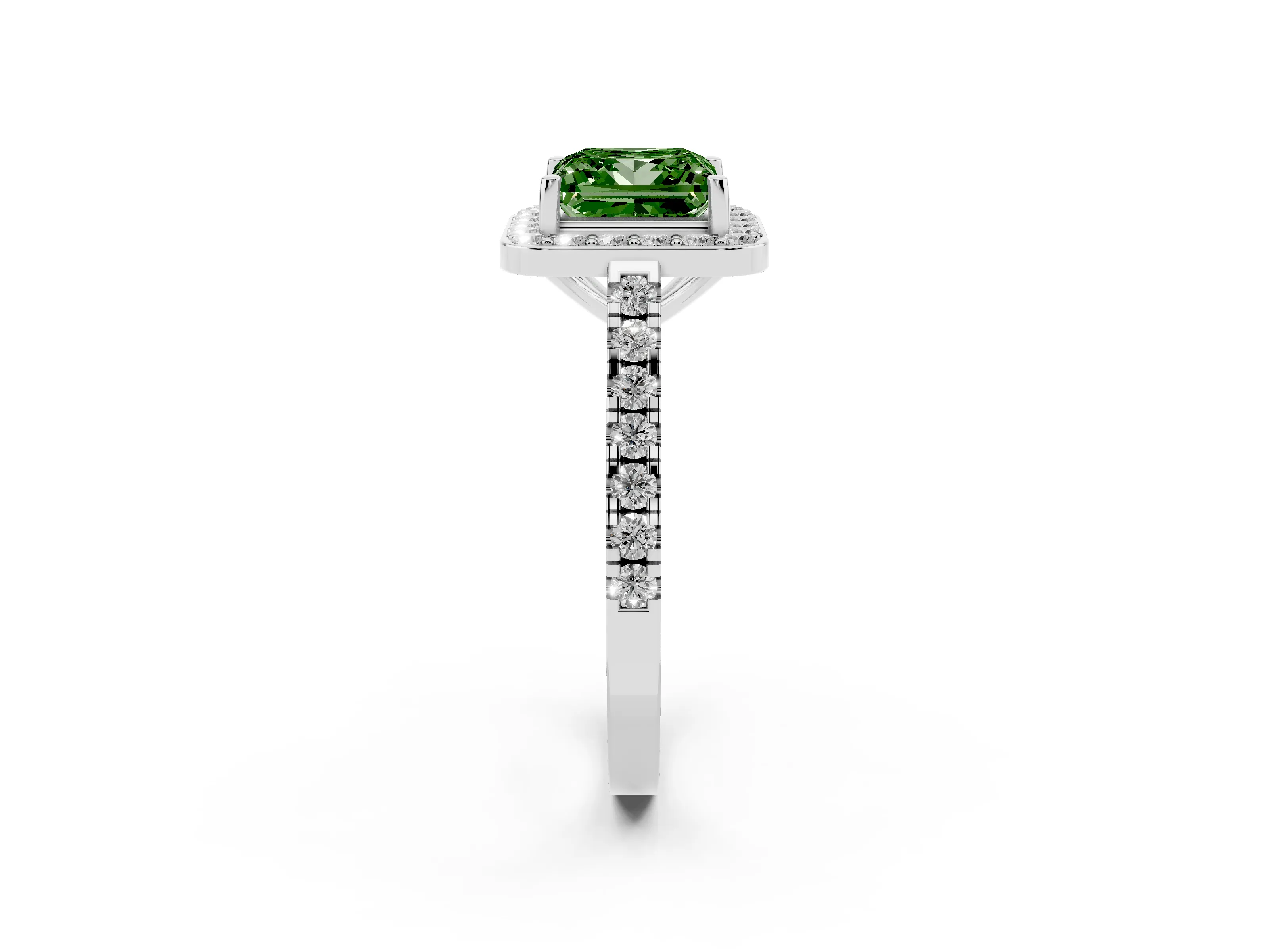 Fancy Green Princess Cut Diamond Halo Ring Set in Silver with Round Pavé Split Shank and Prong Setting