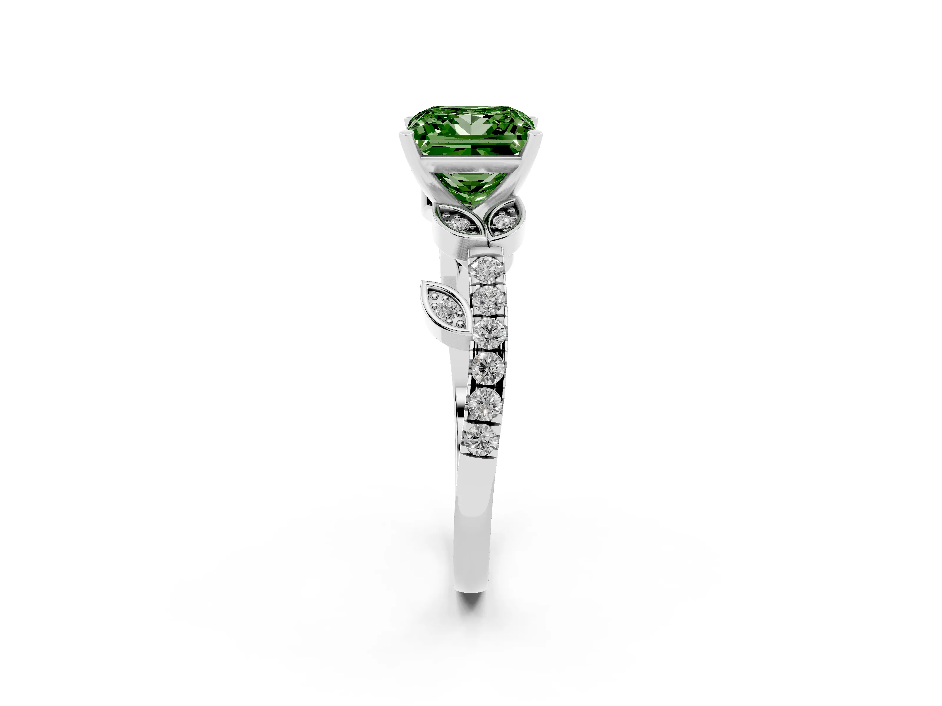 Fancy Green Princess Cut Diamond Solitaire Leaf-Inspired Ring Set in White gold with Pavé Band and Prong Setting