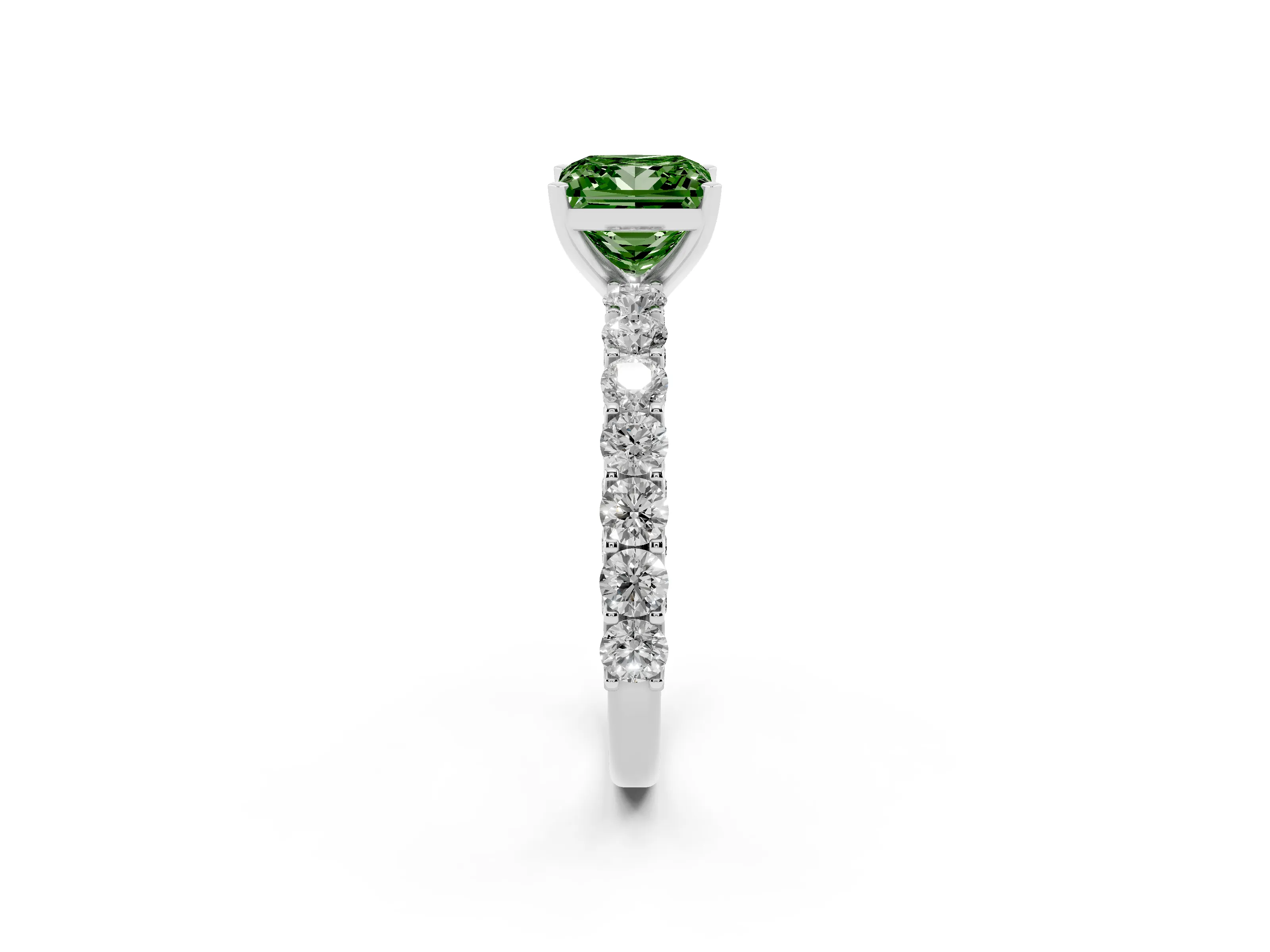 Fancy Green Princess Cut Diamond Solitaire Ring Set in Silver with Shared Prong Pavé Band