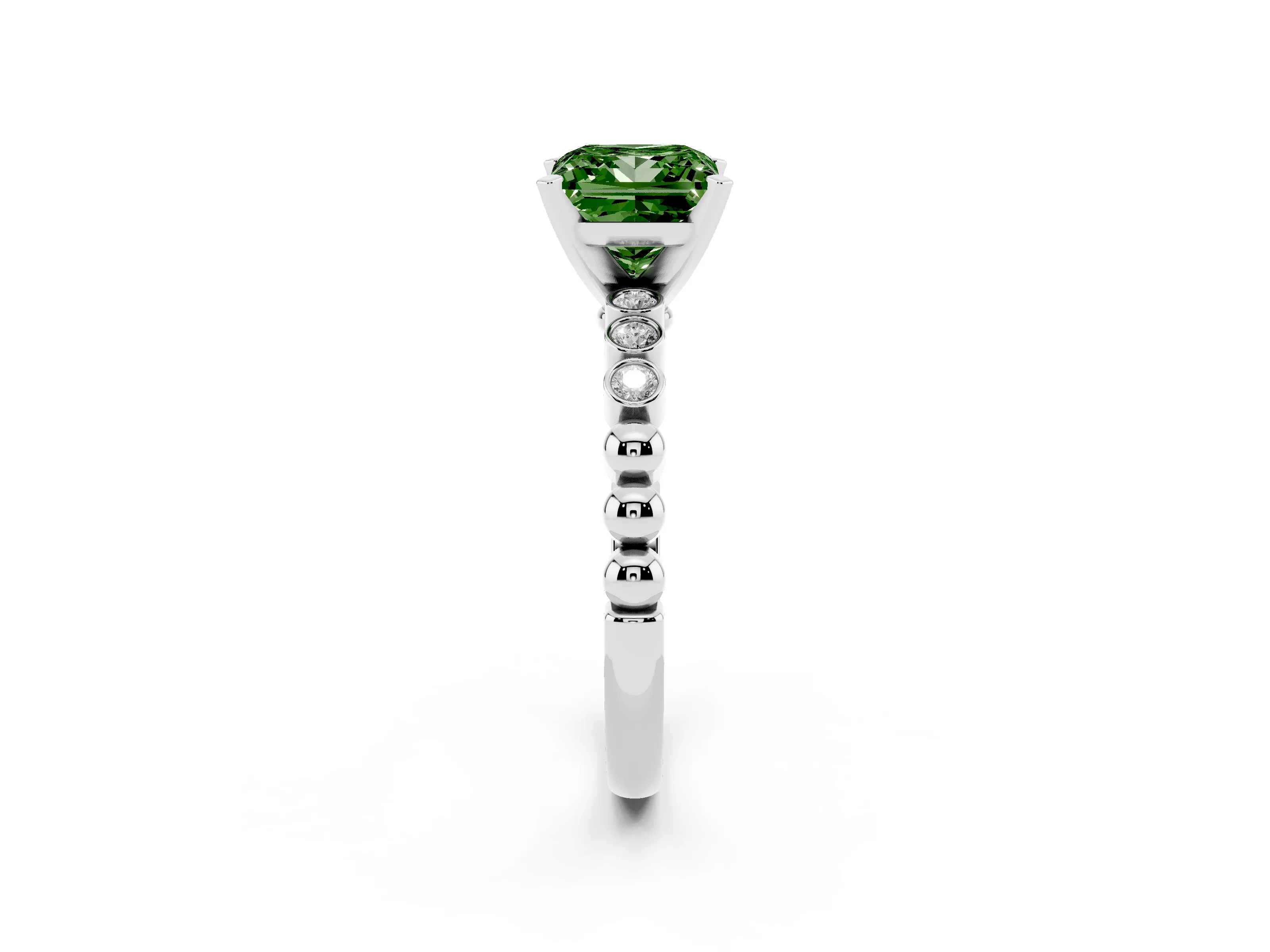 Fancy Green Princess Cut Diamond Solitaire Engagement Ring Set in Silver with Bezel Accents on Beaded Band