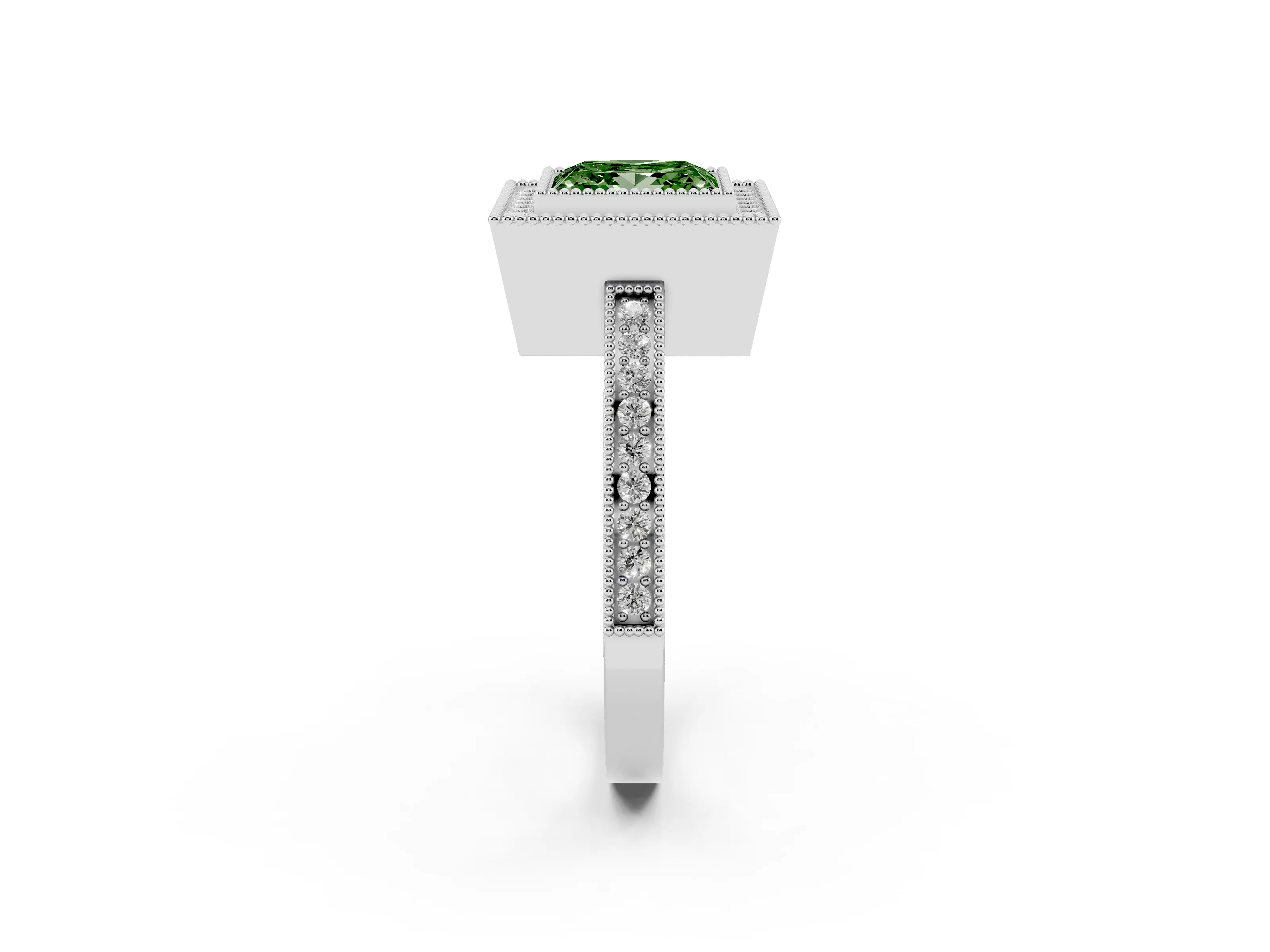 Fancy Green Princess Cut Diamond Halo Ring Set in White gold with Pavé Band and Milgrain-Edged Prongs