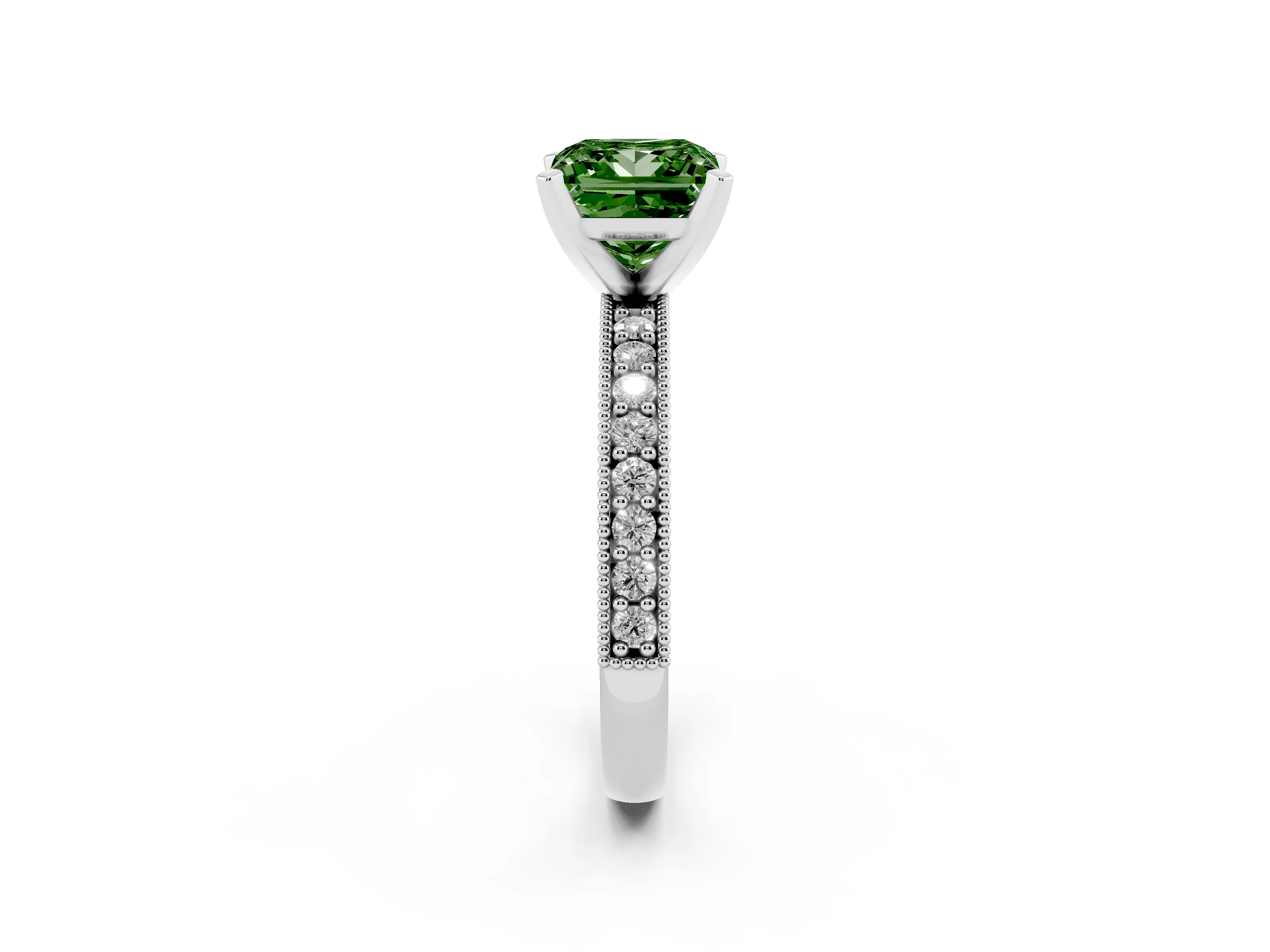 Fancy Green Princess Cut Diamond Milgrain Pavé Engagement Ring Set in Platinum with Prong Setting