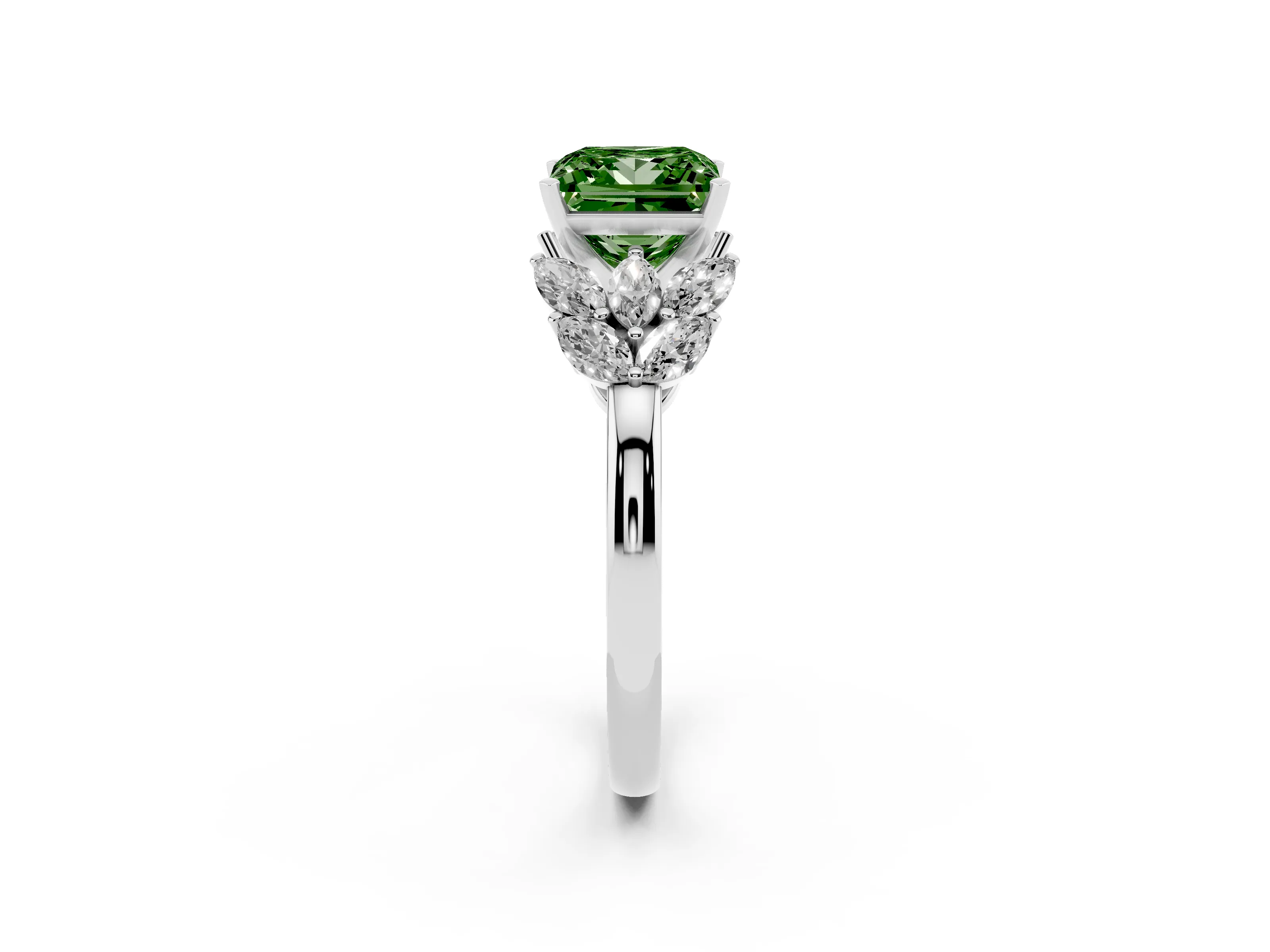 Fancy Green Princess Cut Diamond Cluster Leaf Design Ring Set in White gold with Prong Setting