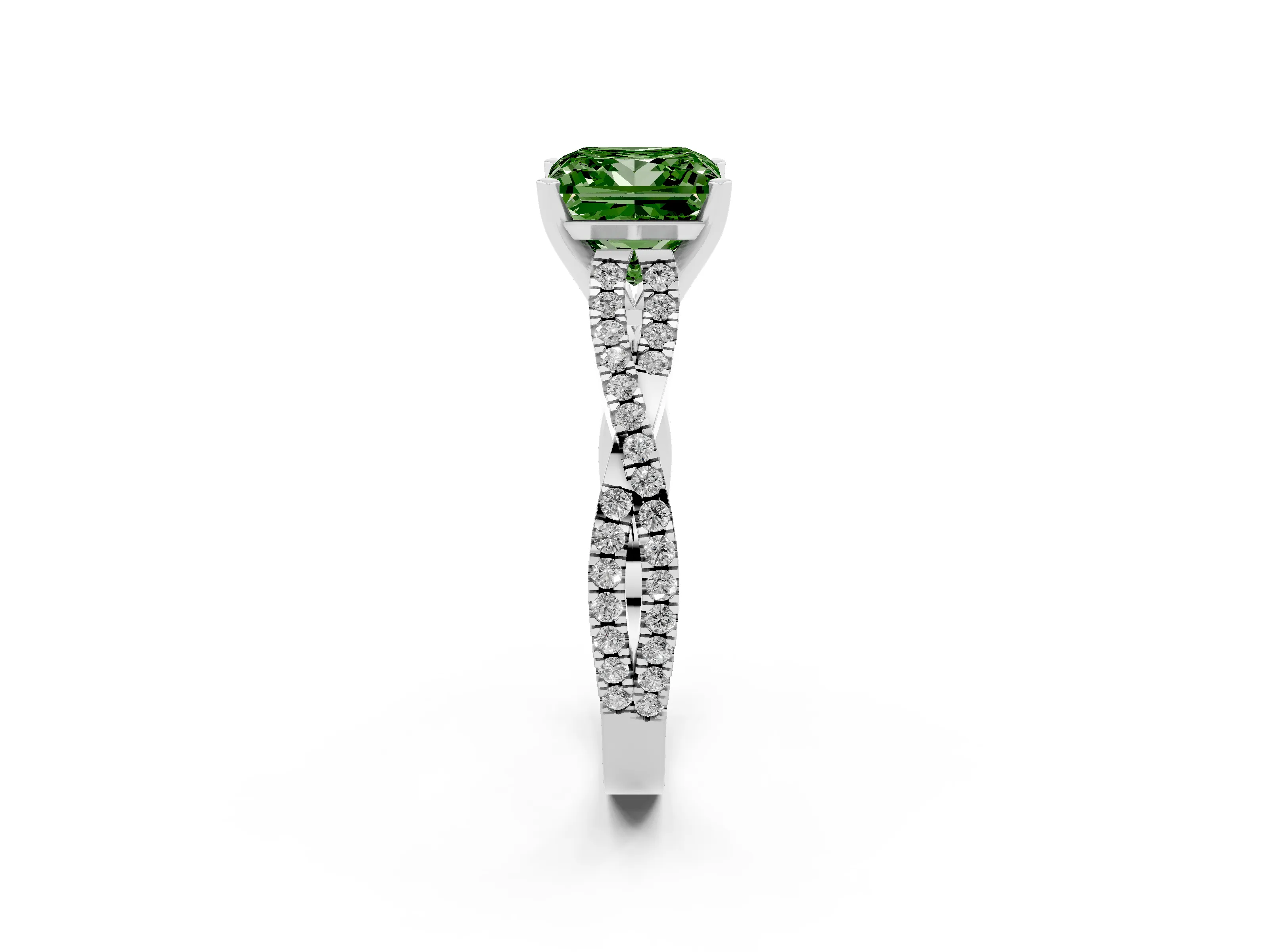 Fancy Green Princess Cut Diamond Solitaire Engagement Ring Set in Platinum with Twisted Pavé Band and Prong Setting