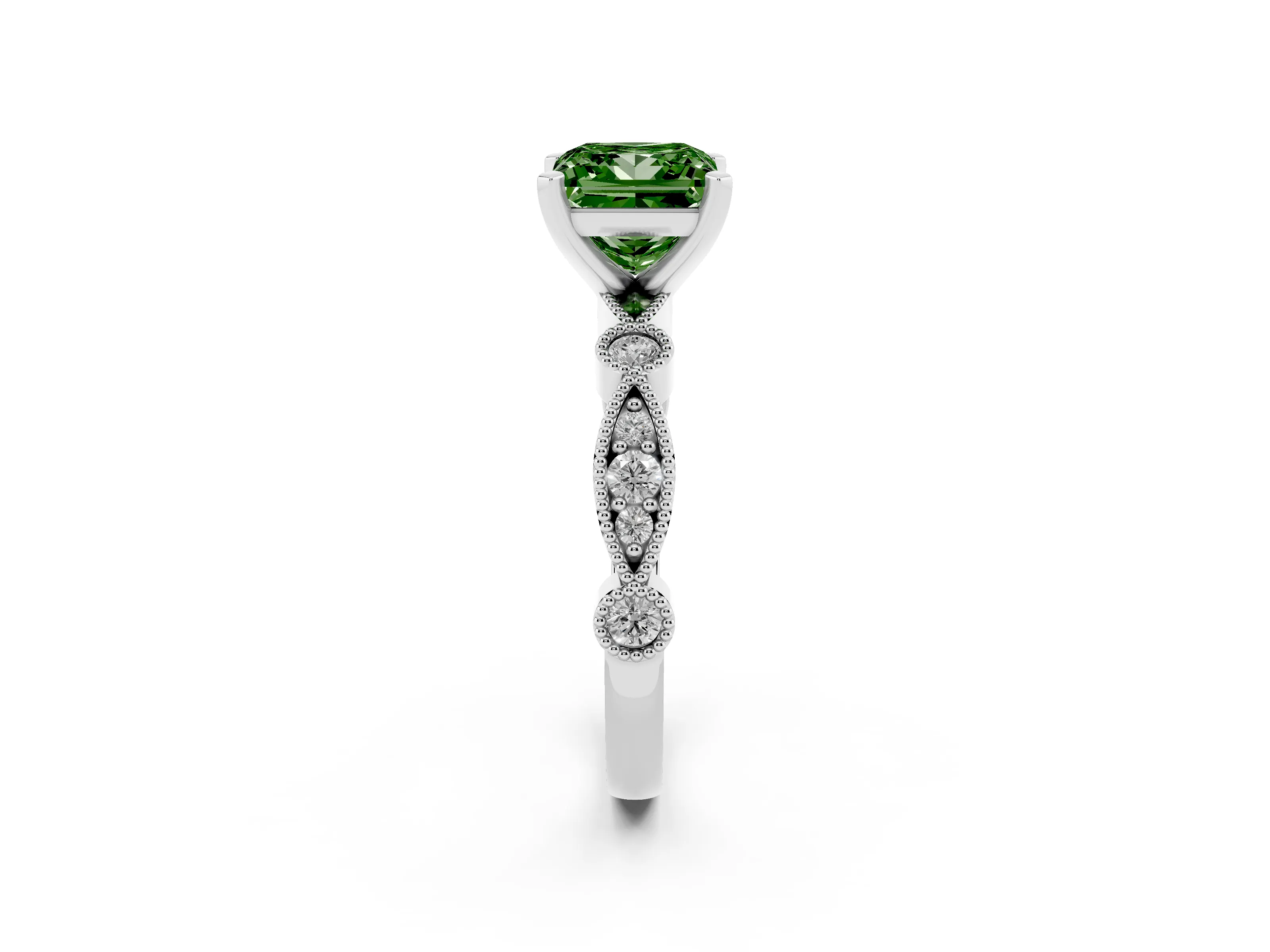Fancy Green Princess Cut Diamond Solitaire Engagement Ring Set in Silver with Milgrain Bezel Accent Band