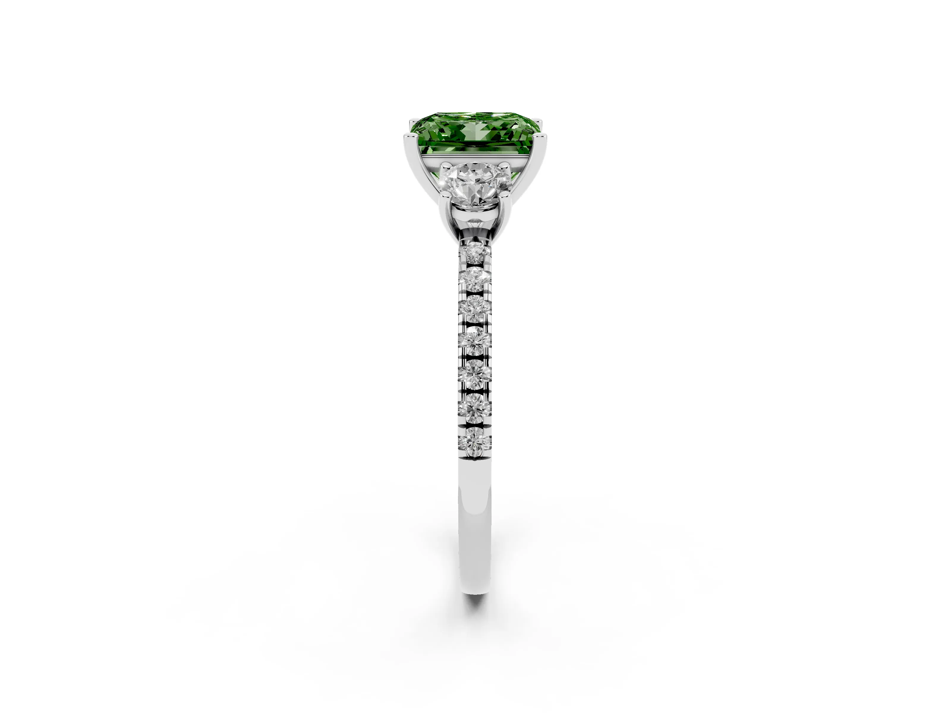 Fancy Green Princess Cut Diamond Three-Stone Ring Set in White gold with Pavé Band and Graduated Sides