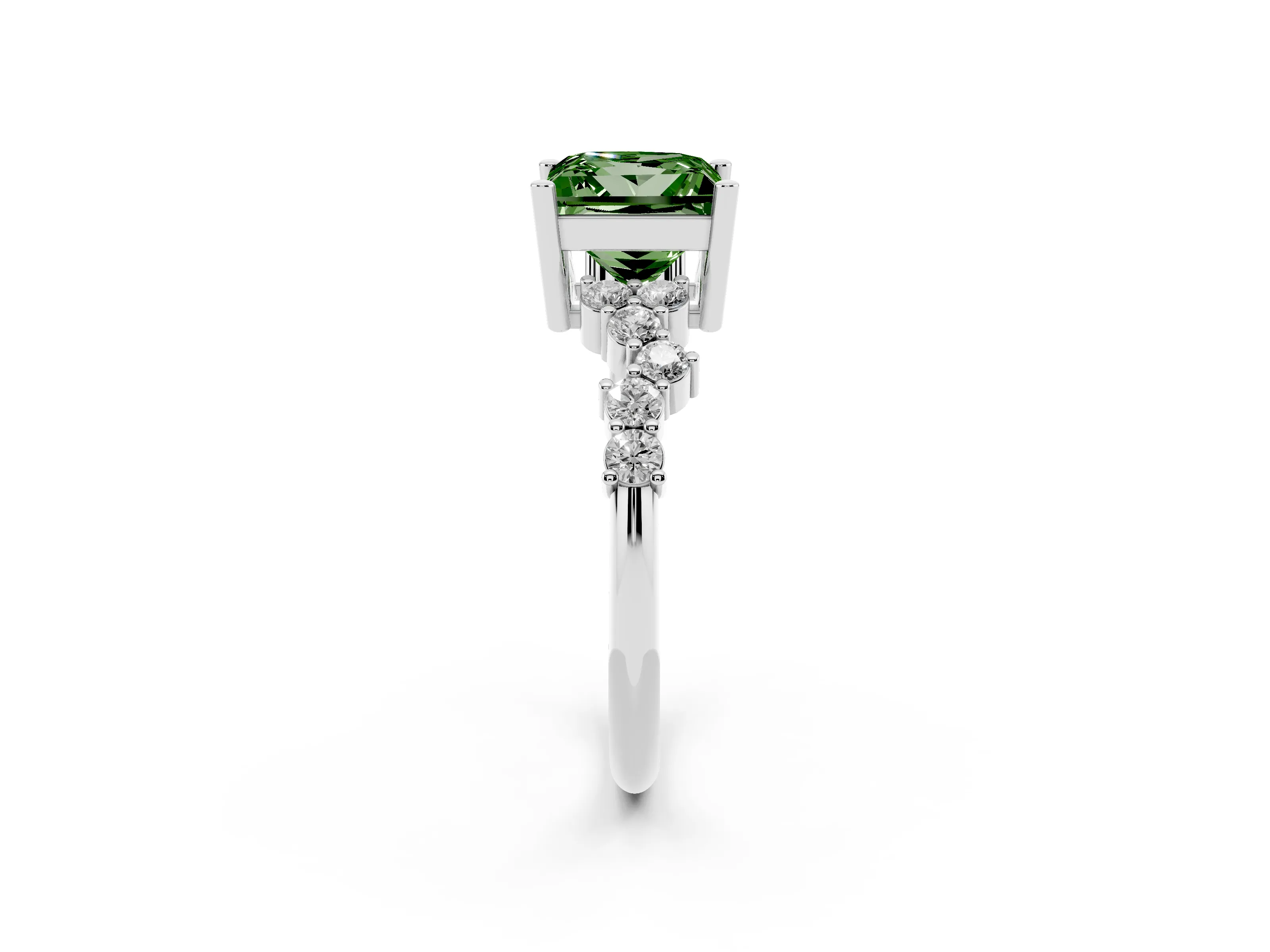 Fancy Green Princess Cut Diamond Ring Set in Platinum with Scattered Round Accents
