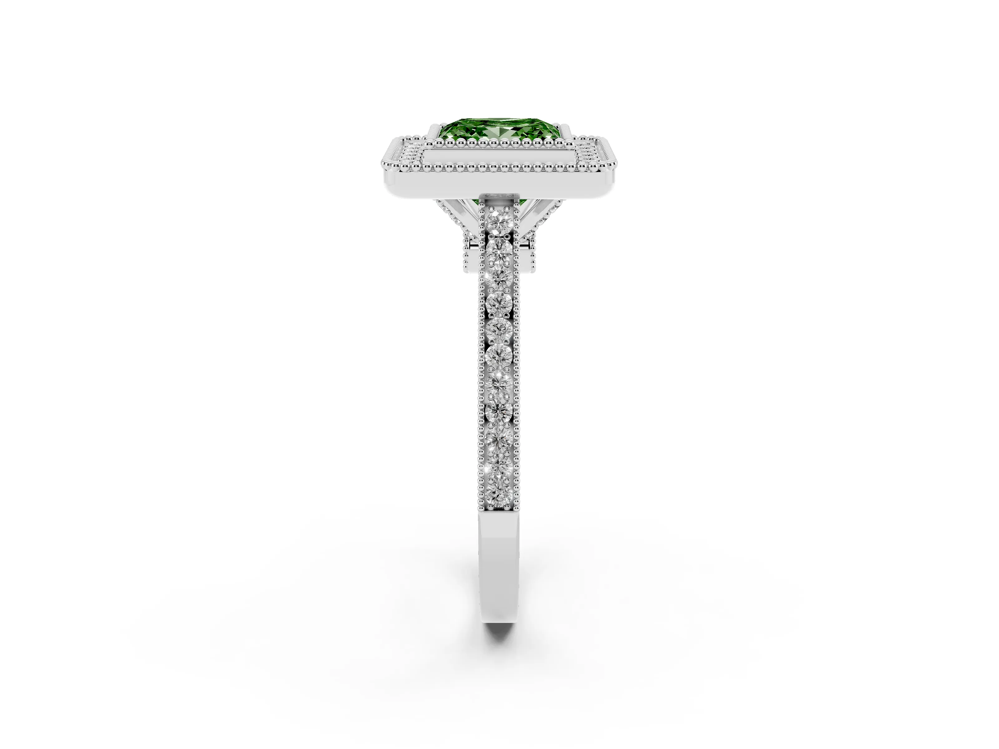 Fancy Green Princess Cut Diamond Halo Ring Set in Platinum with Milgrain Frame and Pavé Band