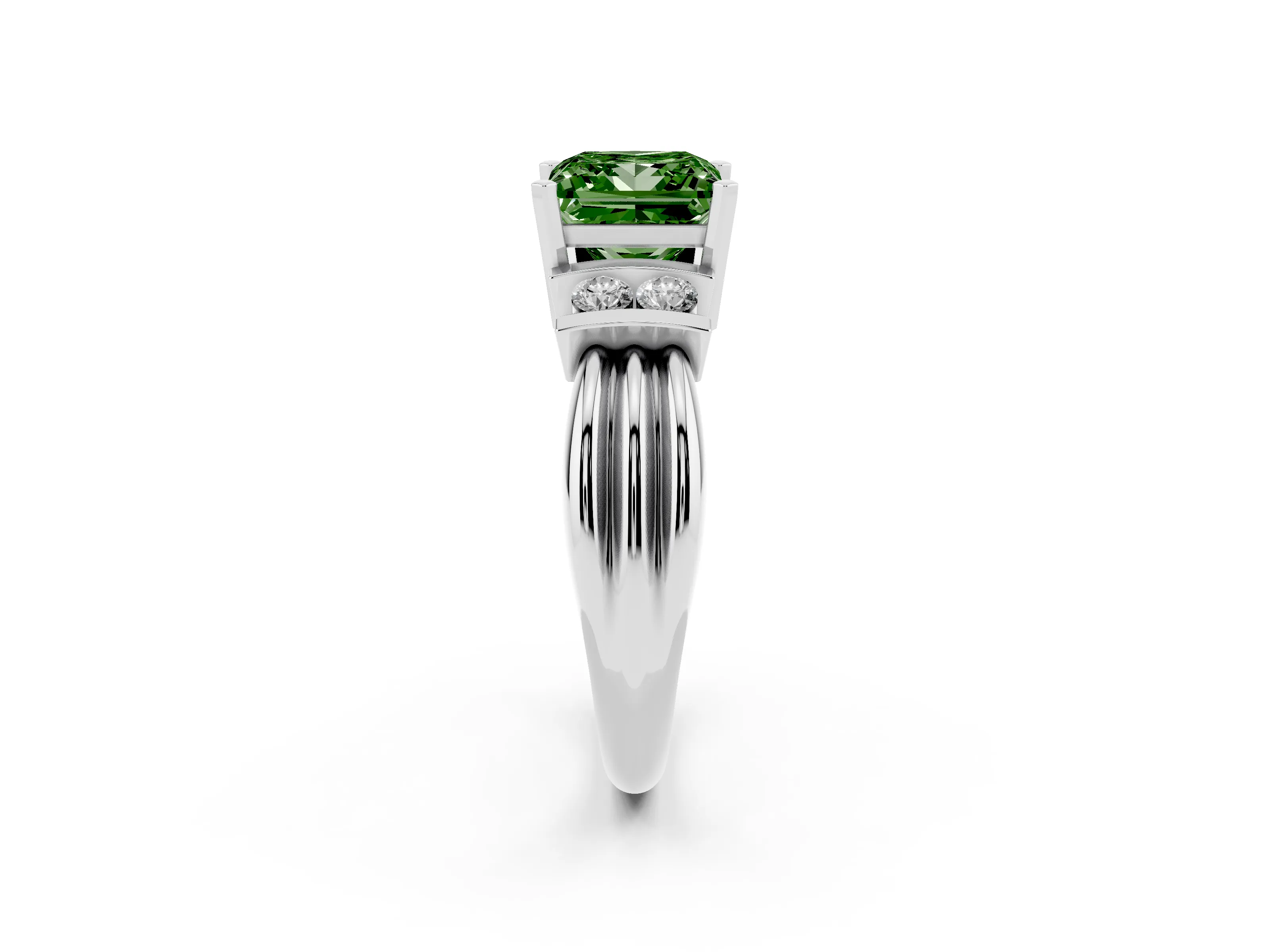 Fancy Green Three-Stone Princess Cut Diamond Channel Set Ring Set in Silver with Bar Prongs