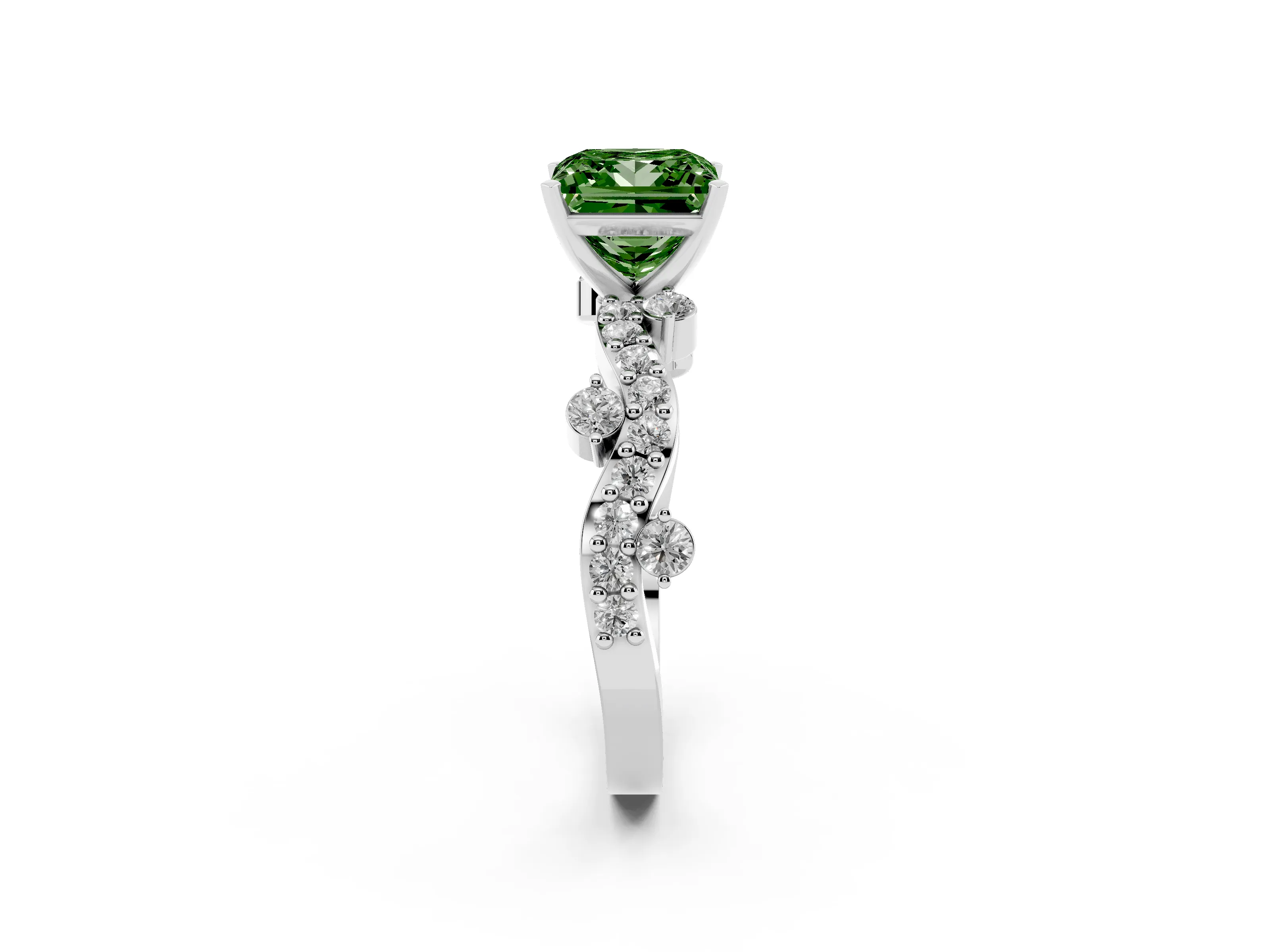 Fancy Green Princess Cut Diamond Solitaire Twisted Band Set in Platinum with Pavé Setting