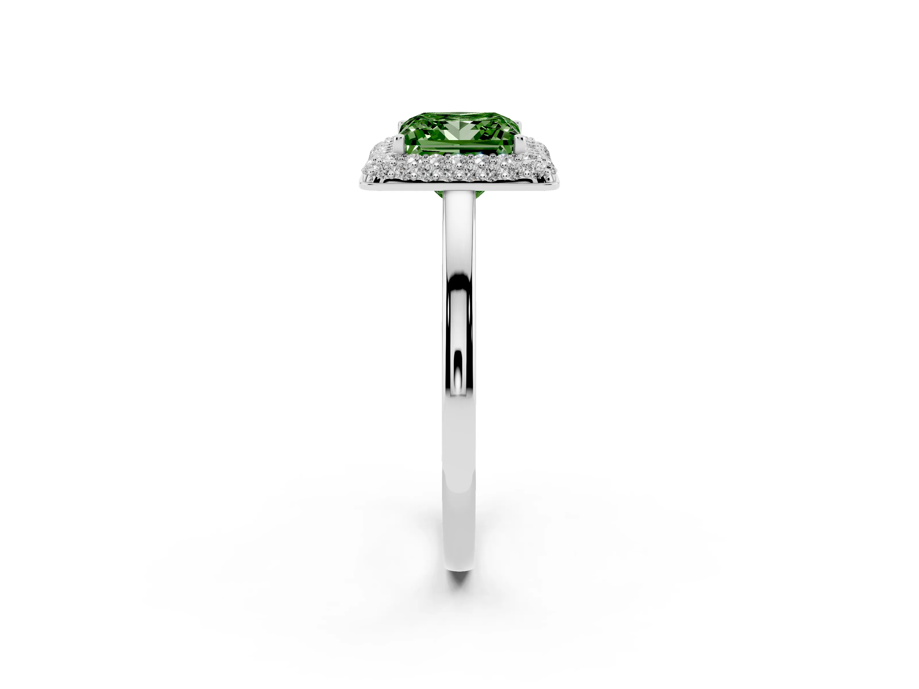 Fancy Green Princess Cut Diamond Halo Engagement Ring Set in White gold with Solitaire Band and Prong Setting