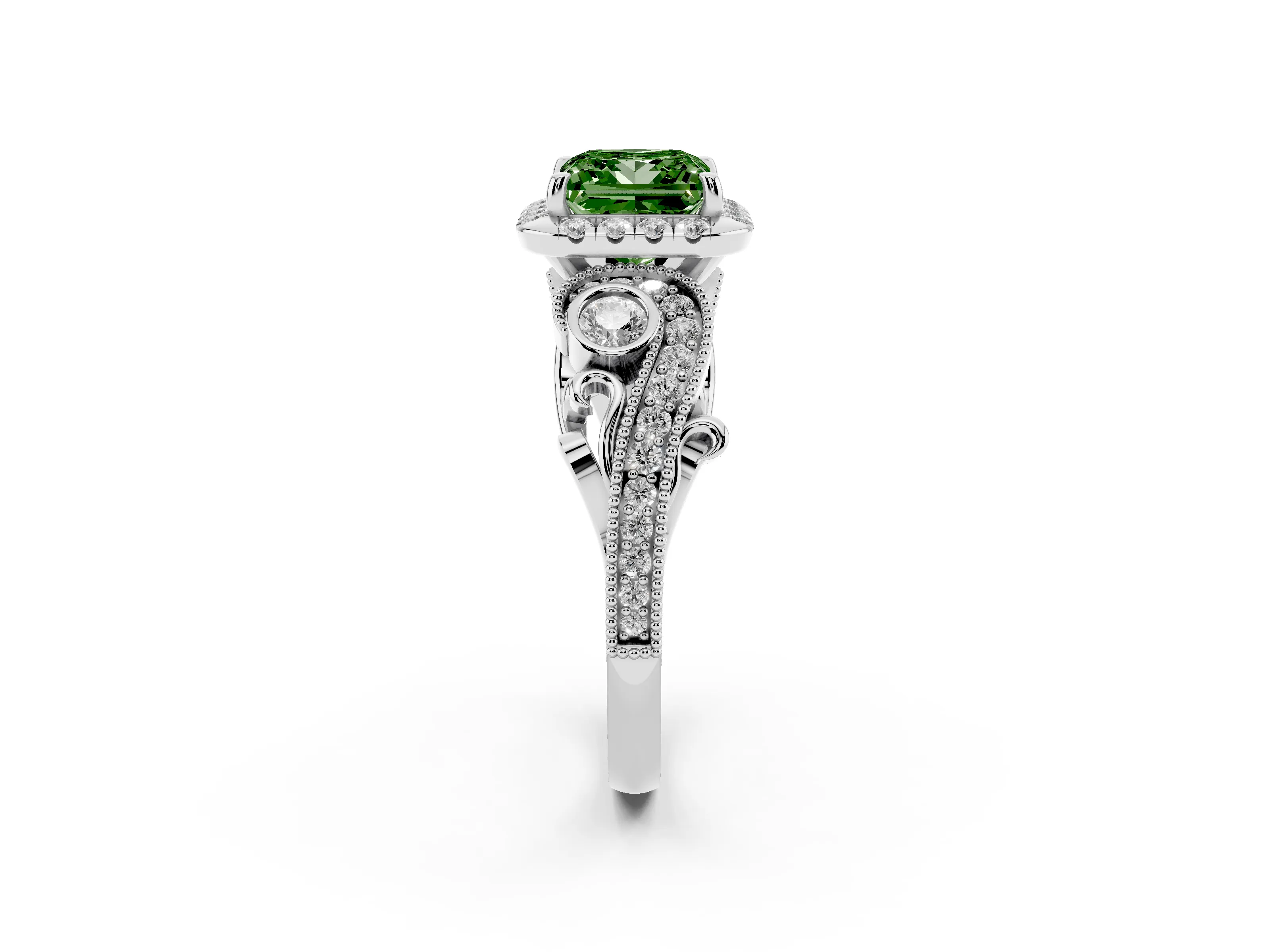 Fancy Green Princess Cut Diamond Halo Split Shank Ring Set in Silver with Milgrain and Bezel Accents
