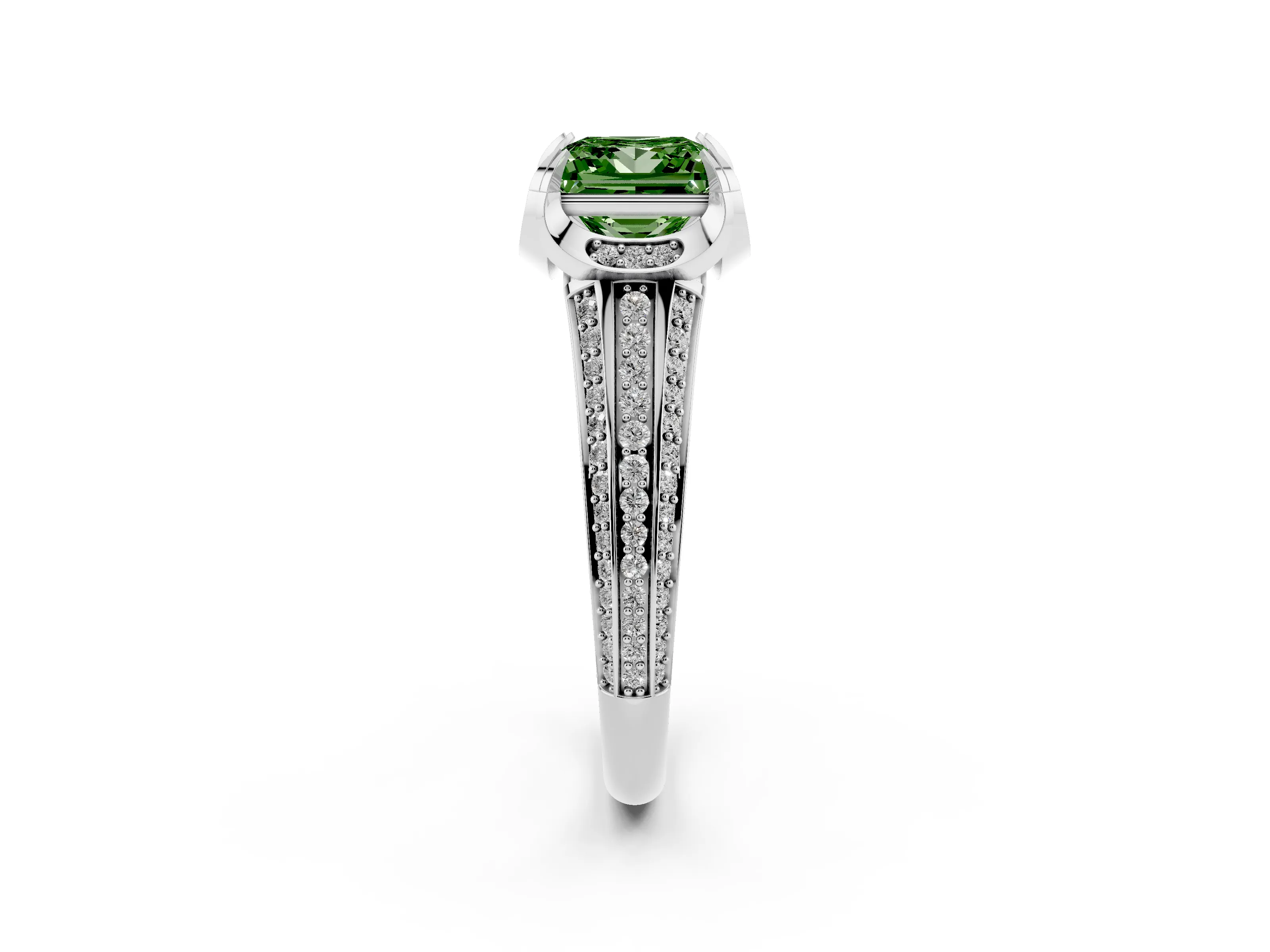 Fancy Green Princess Cut Diamond Pavé Split Shank Solitaire Ring Set in Platinum with Prong Setting