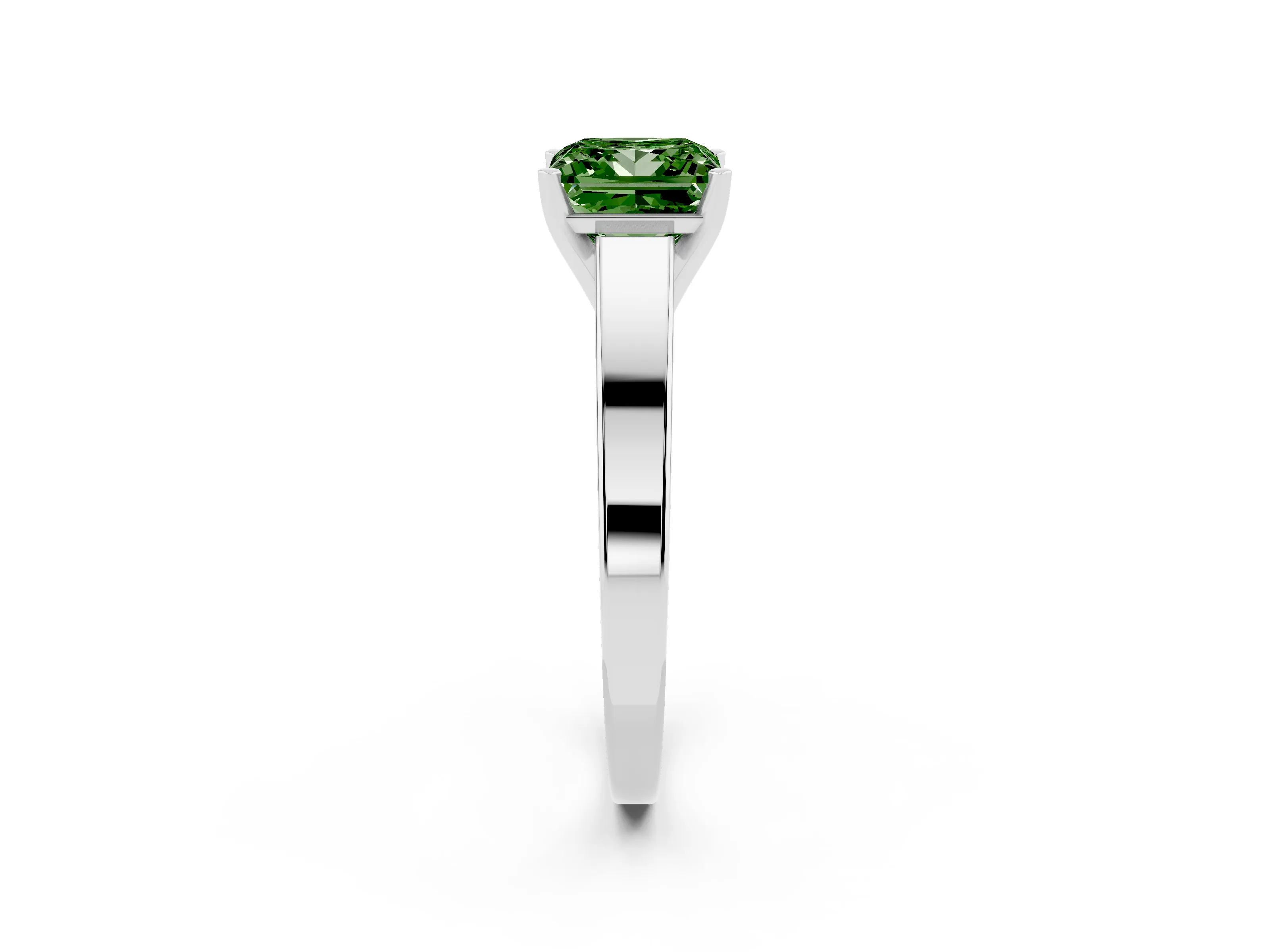Fancy Green Princess Cut Diamond Solitaire Engagement Ring Set in White gold with Prong Setting and Tapered Band