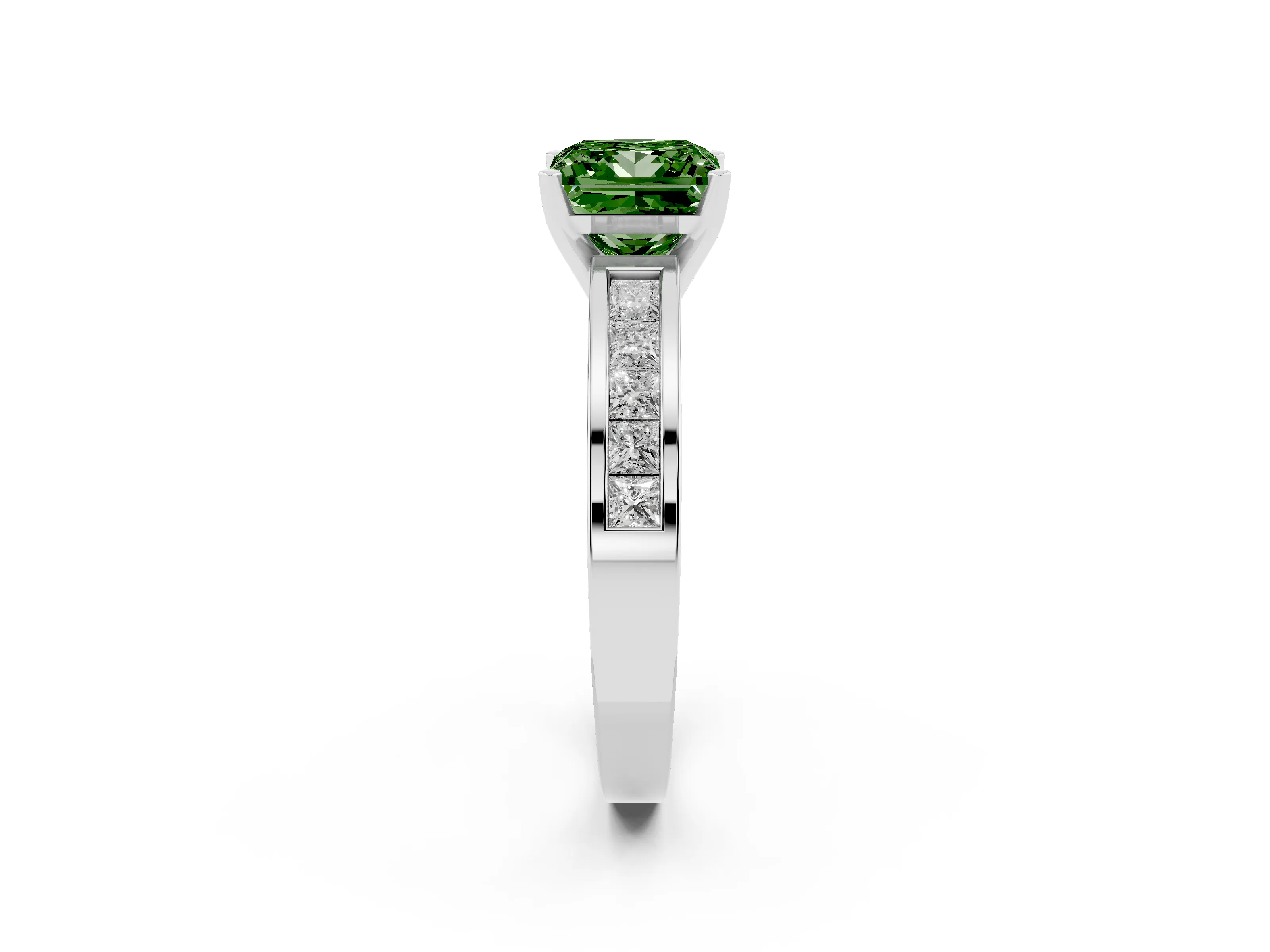 Fancy Green Princess Cut Diamond Solitaire Ring Set in Platinum with Channel-Set Band and Prong Setting