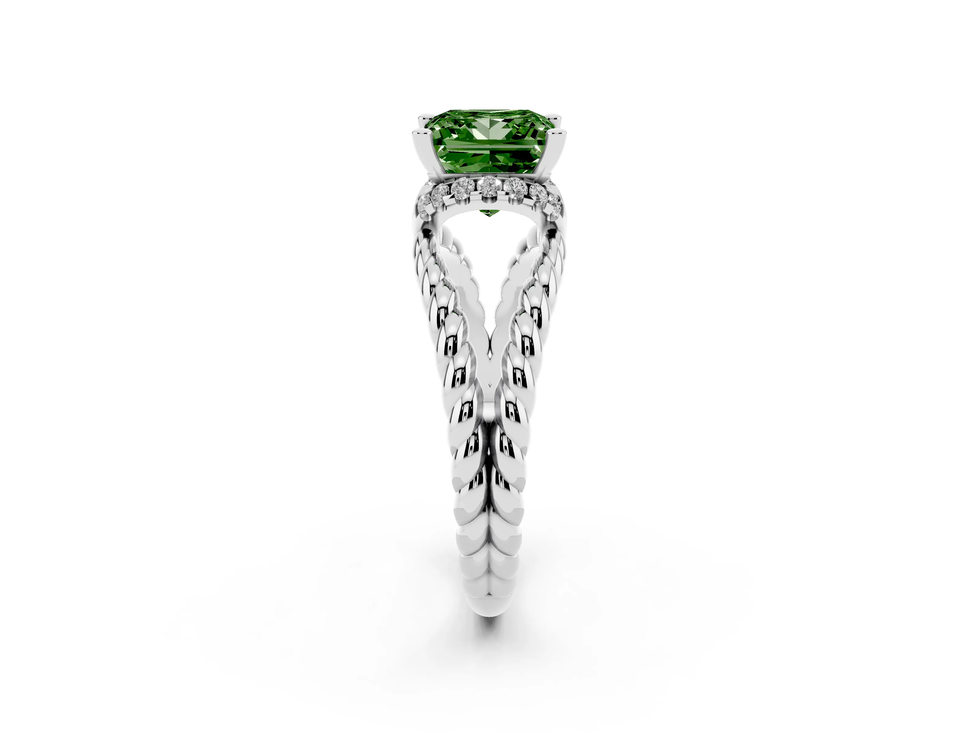Fancy Green Princess Cut Diamond Halo Ring Set in White gold with Twisted Band and Prong Setting
