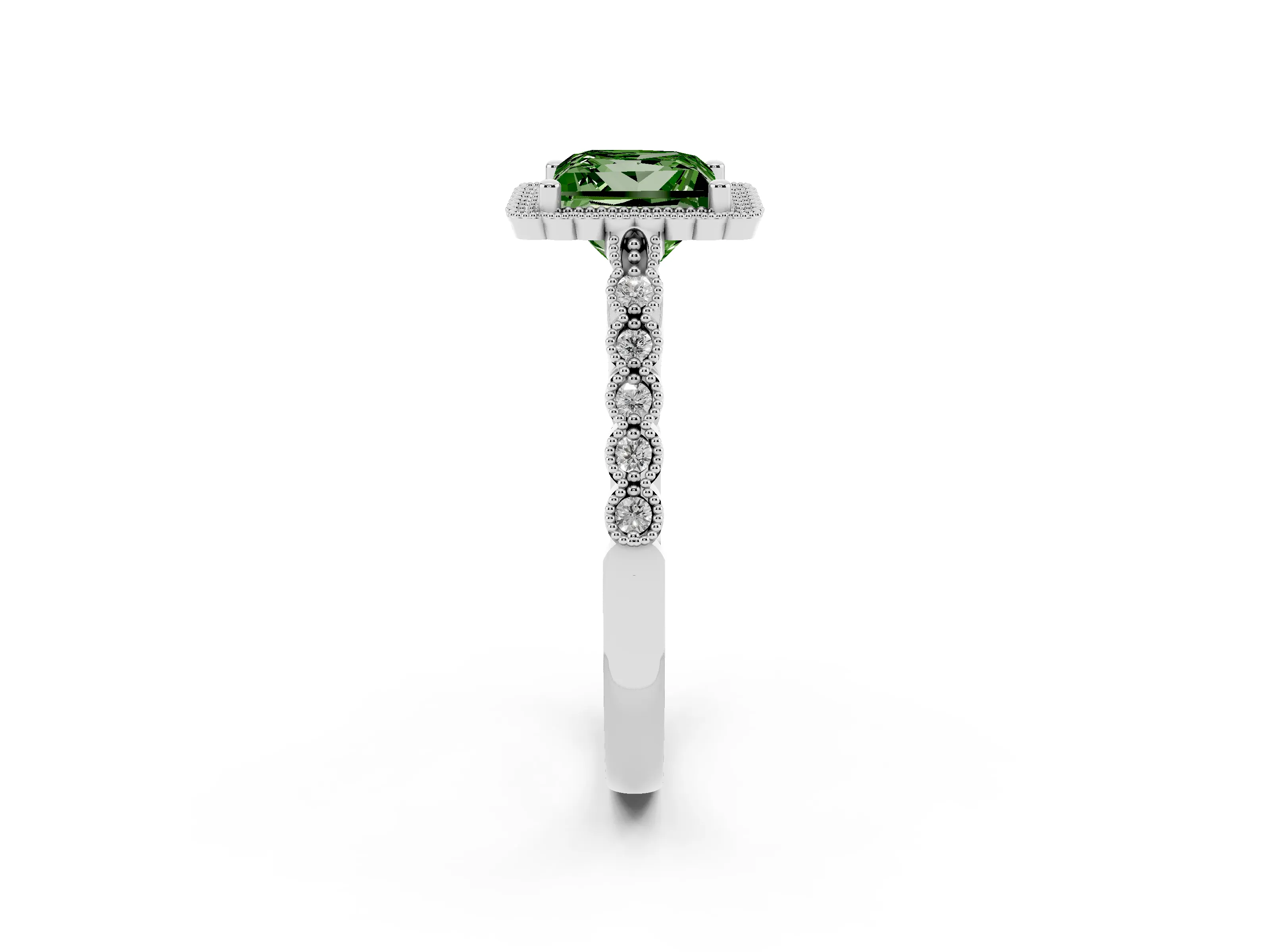 Fancy Green Princess Cut Diamond Halo Ring Set in White gold with Pavé Milgrain Band
