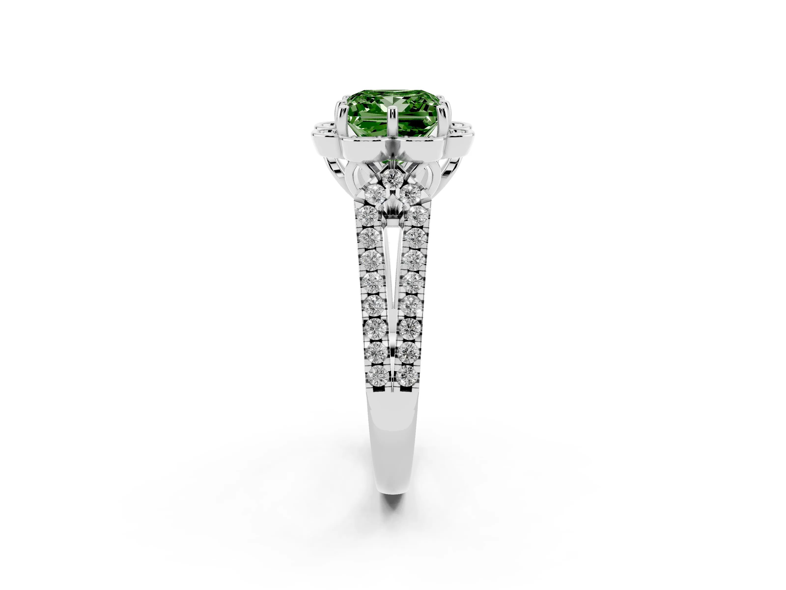 Fancy Green Princess Cut Diamond Floral Halo Split Shank Engagement Ring Set in Silver with Pavé Shank