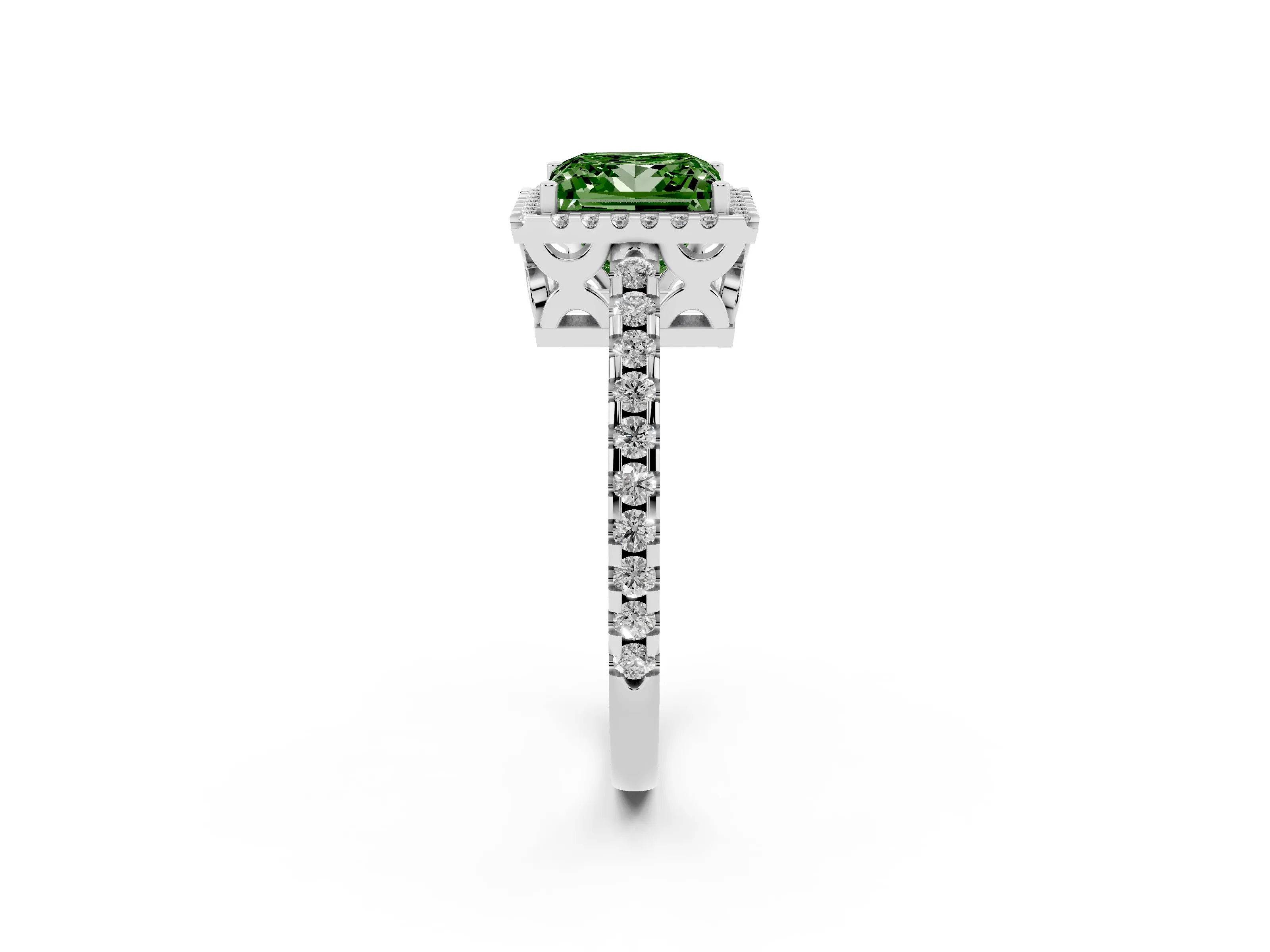 Fancy Green Princess Cut Diamond Halo Ring Set in Silver with Pavé Shoulders and Halo-Framed Center