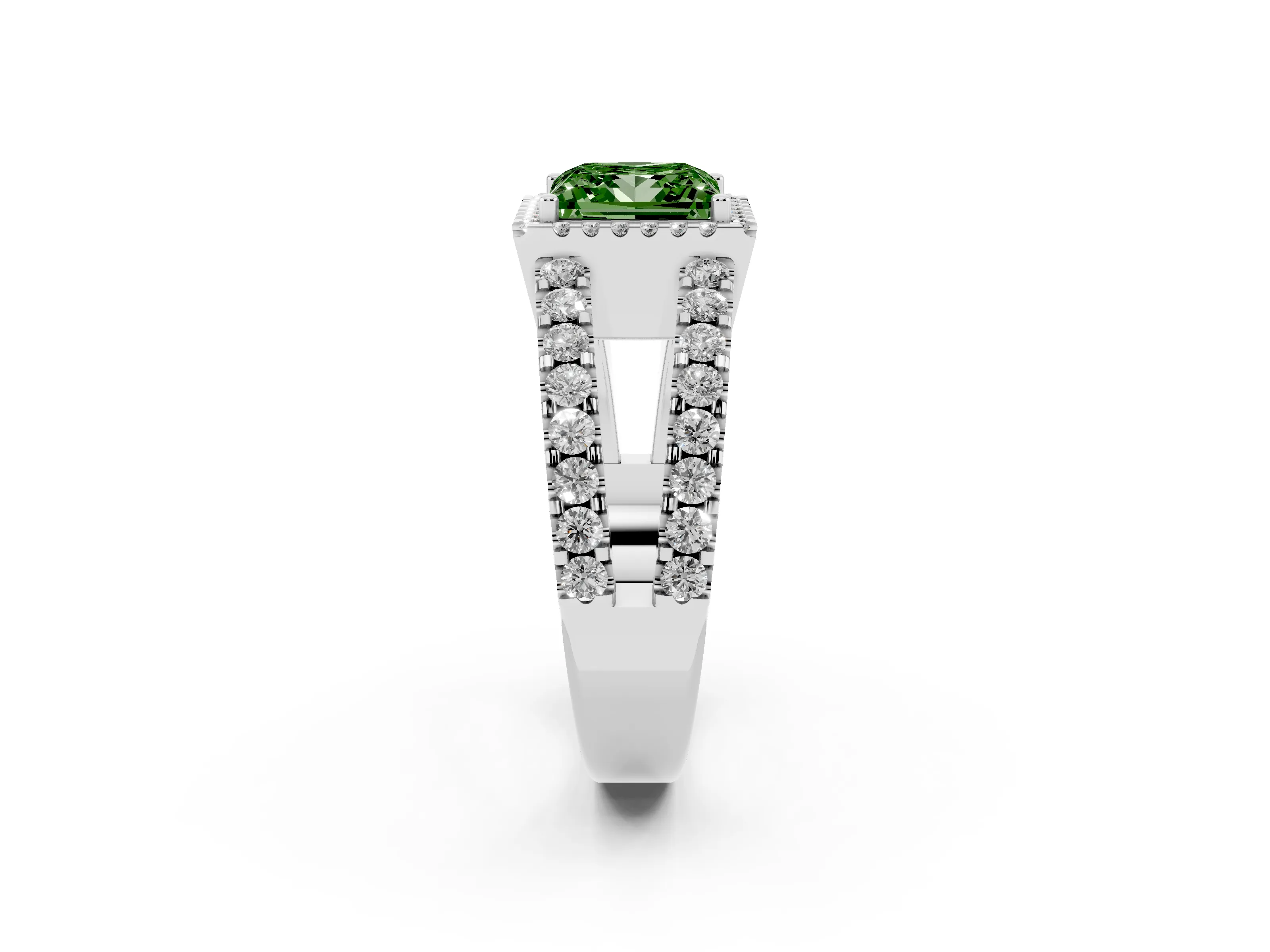 Fancy Green Princess Cut Diamond Halo Ring Set in White gold with Pavé Split Shank and Prong Setting