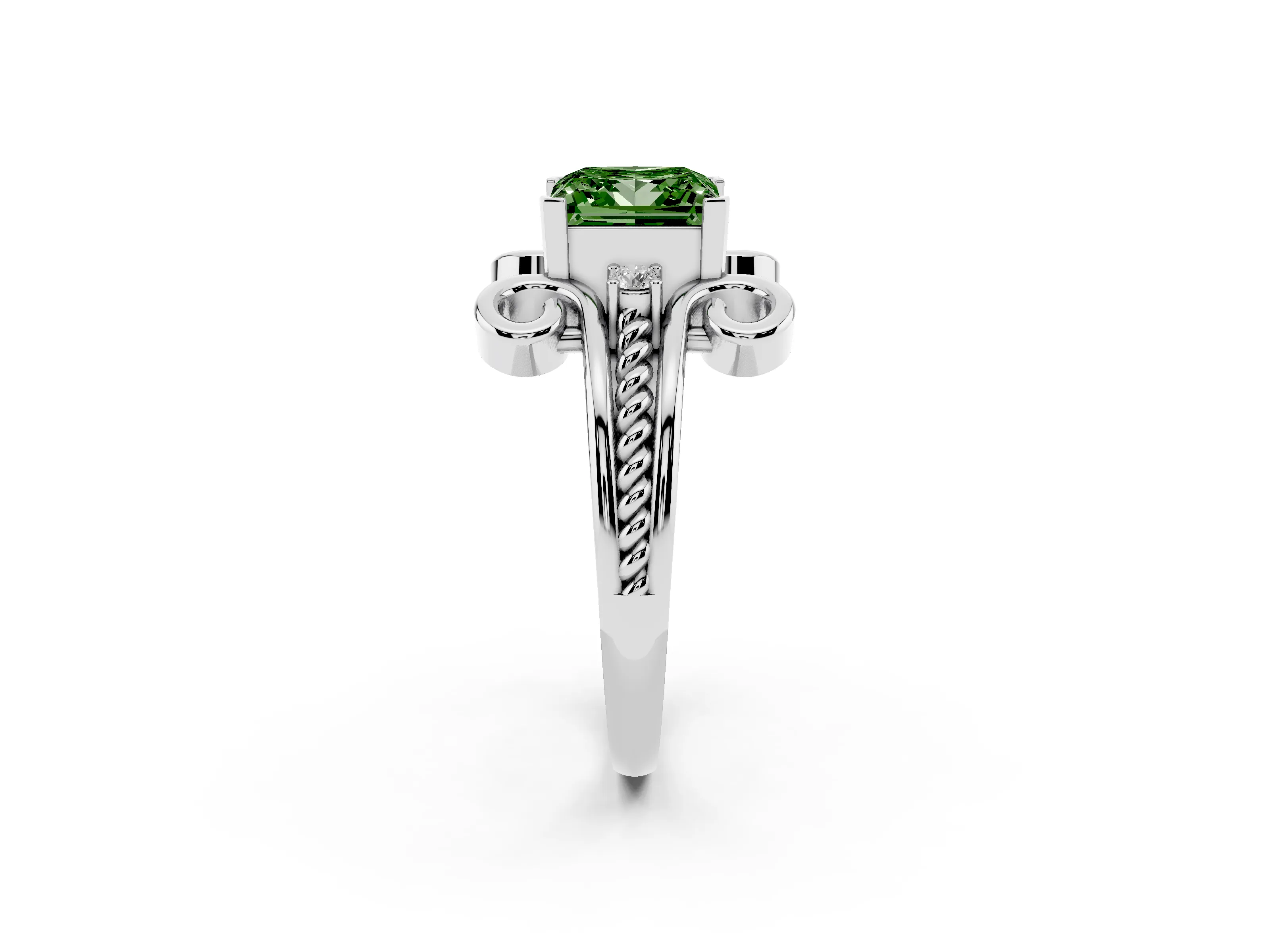 Fancy Green Princess Cut Diamond Twisted Band Solitaire Ring Set in Platinum with Scroll Prongs