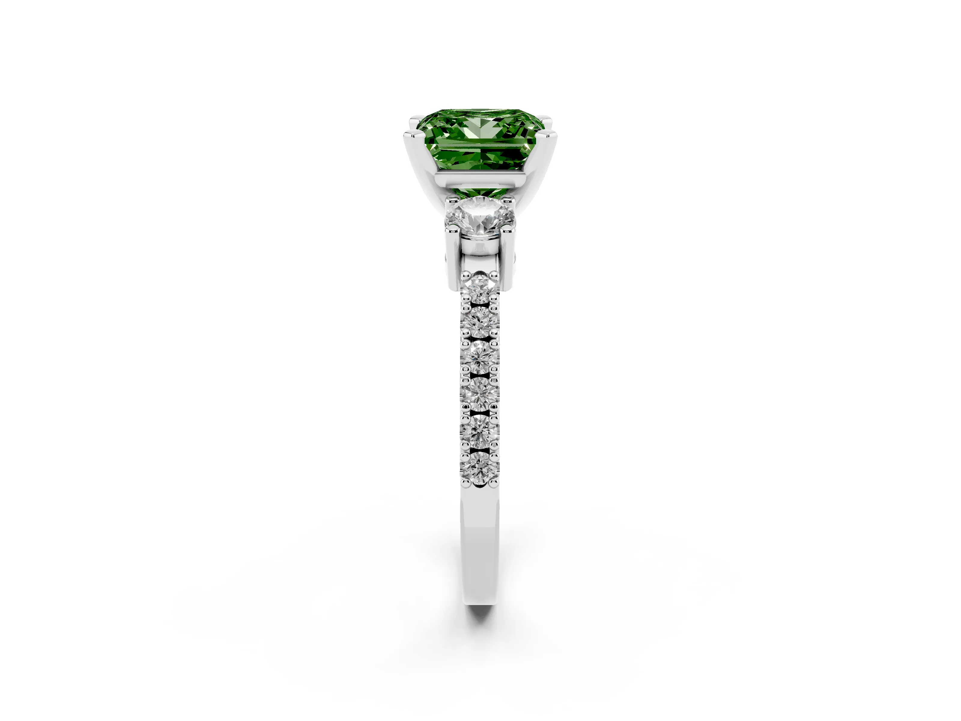 Fancy Green Three-Stone Princess Cut Diamond Pavé Band Ring Set in Silver with Prong Setting