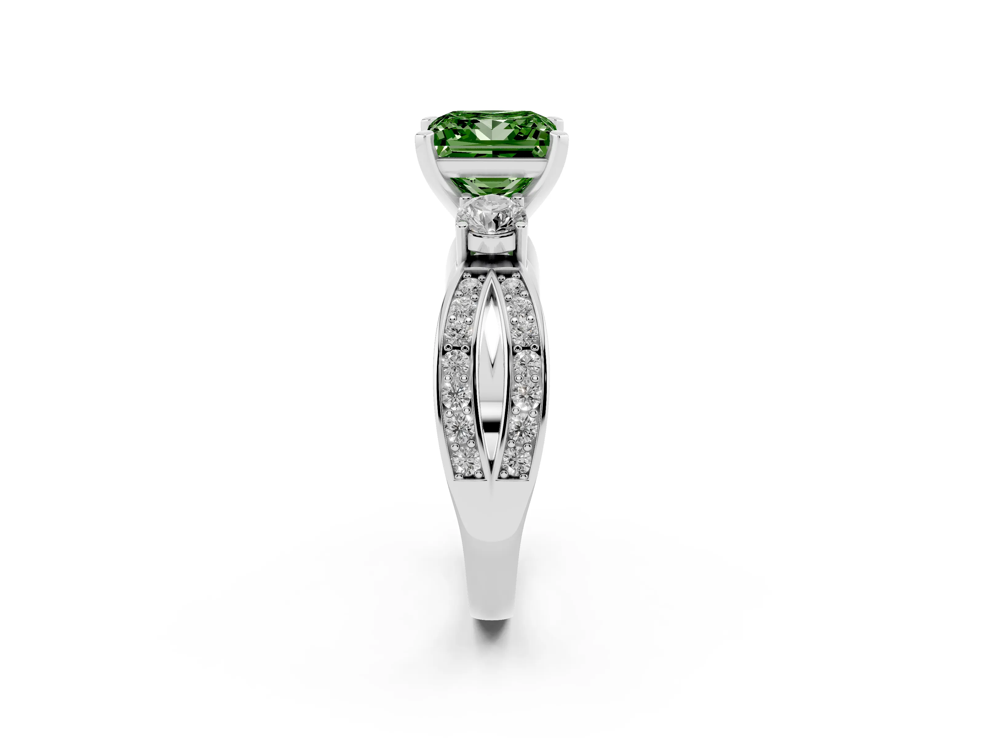 Fancy Green Three-Stone Princess Cut Diamond Twist Band Ring Set in Silver with Pavé Accents and Prong Setting