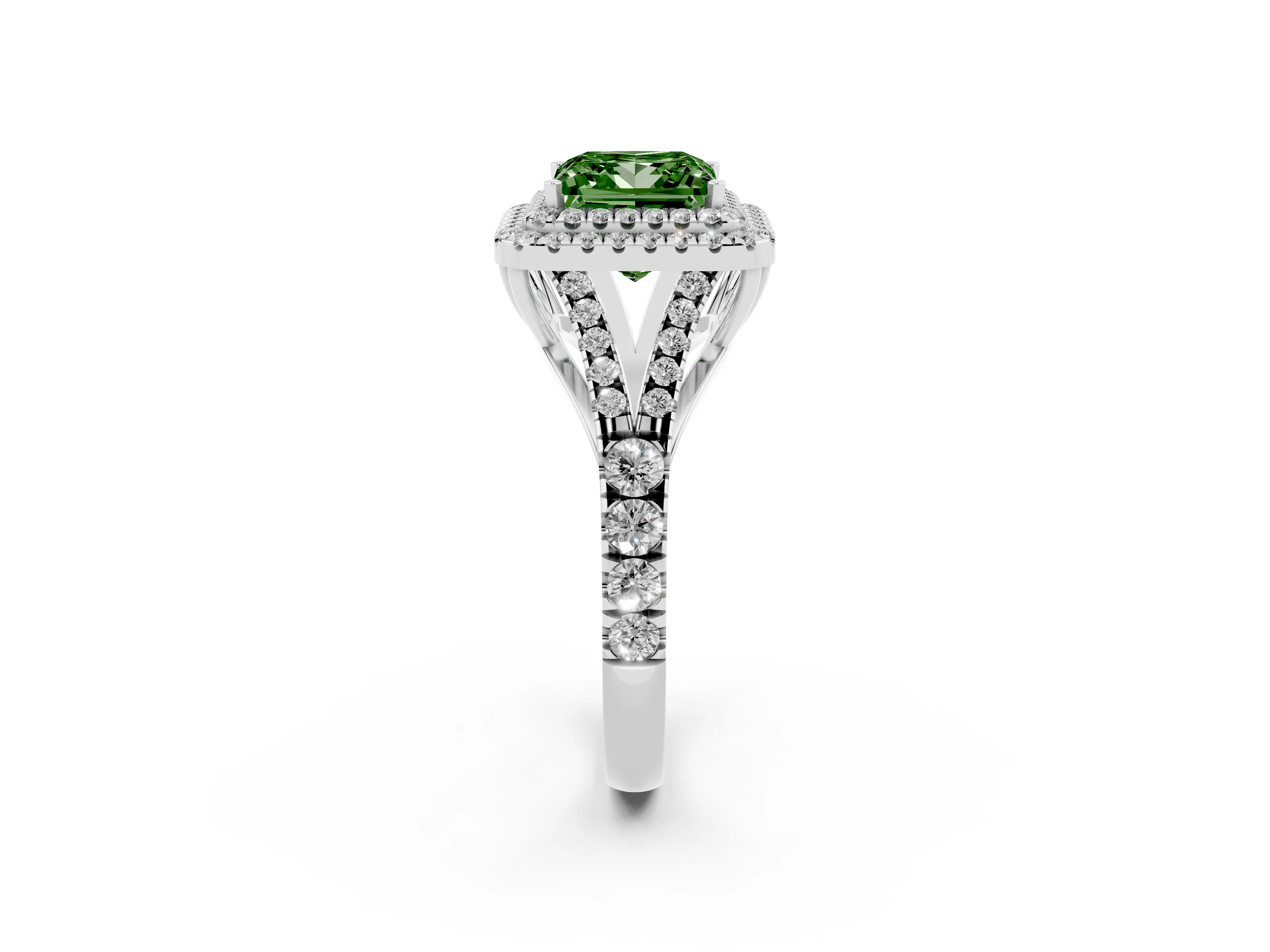 Fancy Green Princess Cut Diamond Pavé Split Shank Double Halo Engagement Ring Set in Platinum