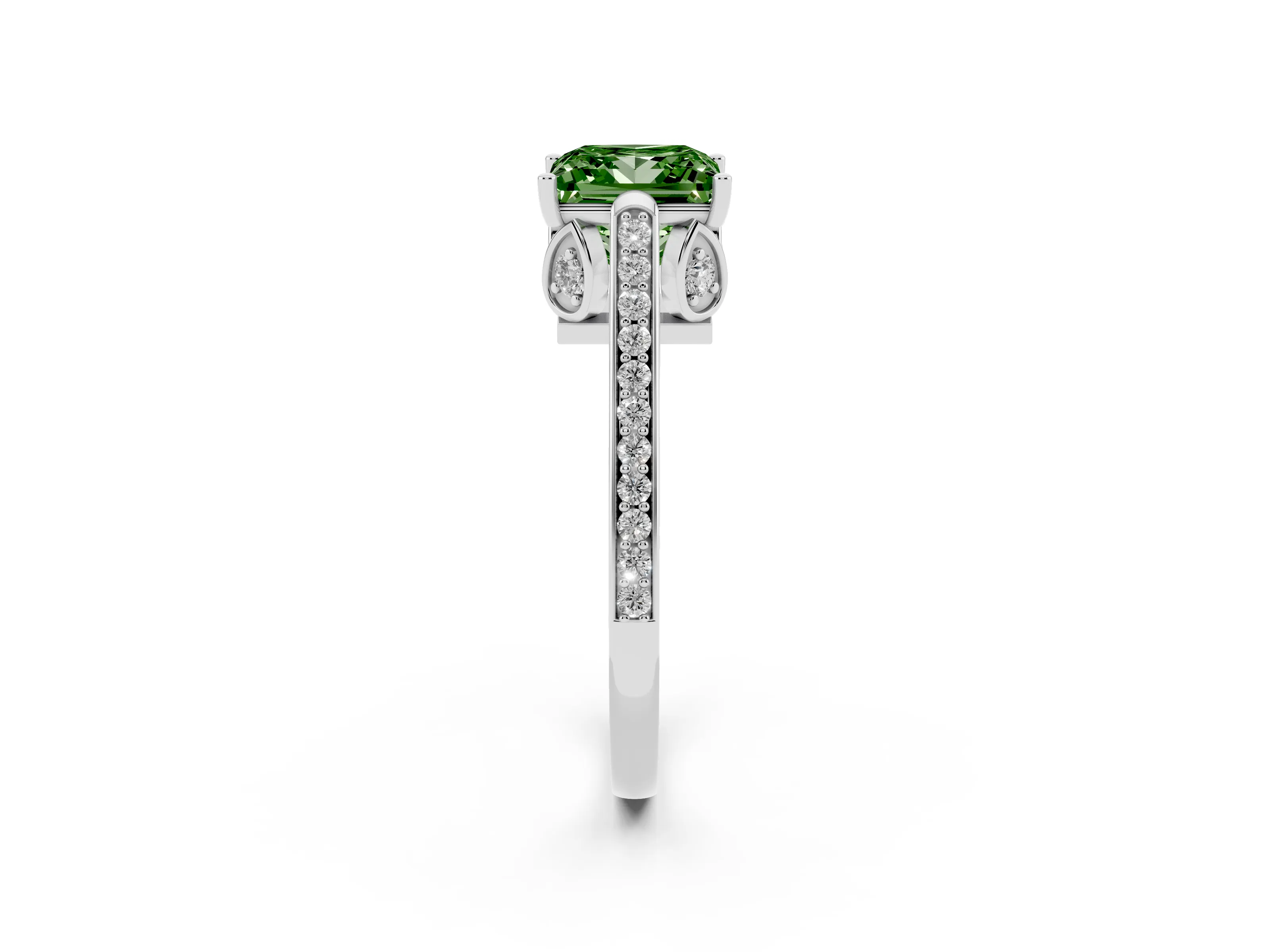 Fancy Green Princess Cut Diamond Cathedral Pavé Engagement Ring Set in Silver with Prong Setting